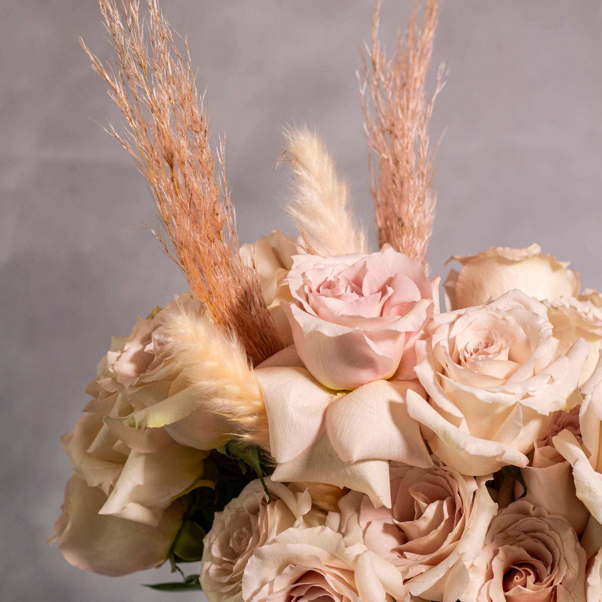 The sand color roses are elegantly displayed in a modern 6-inch tall