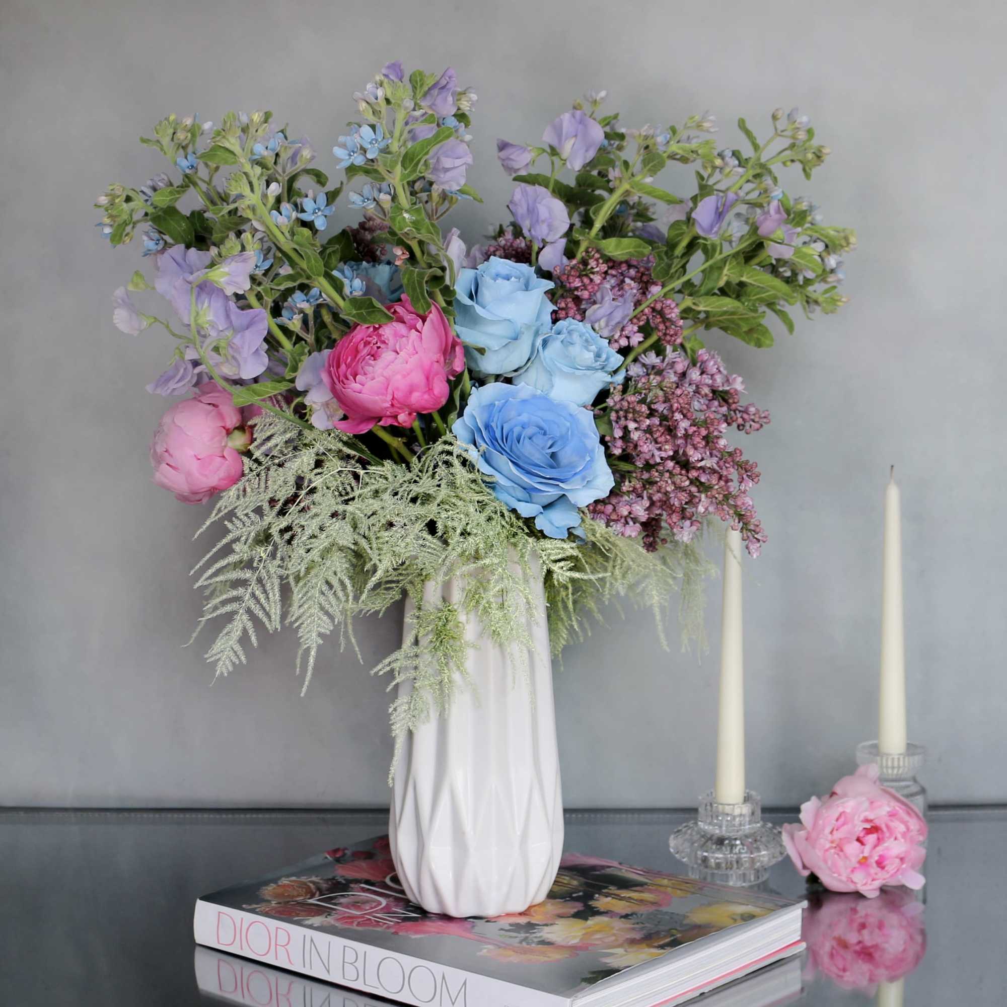 &quot;By The Shore&quot; consists of blue Roses, Peonies, Sweet Peas, Lilacs and