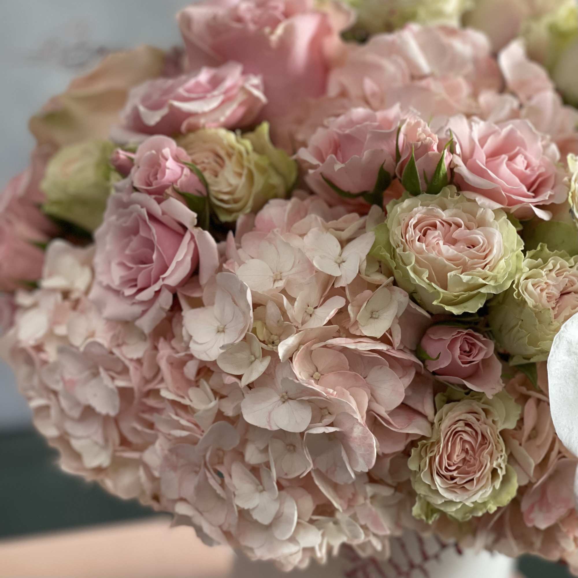 A soft and chic arrangement made of Pink Hydrangeas, Roses and Spray