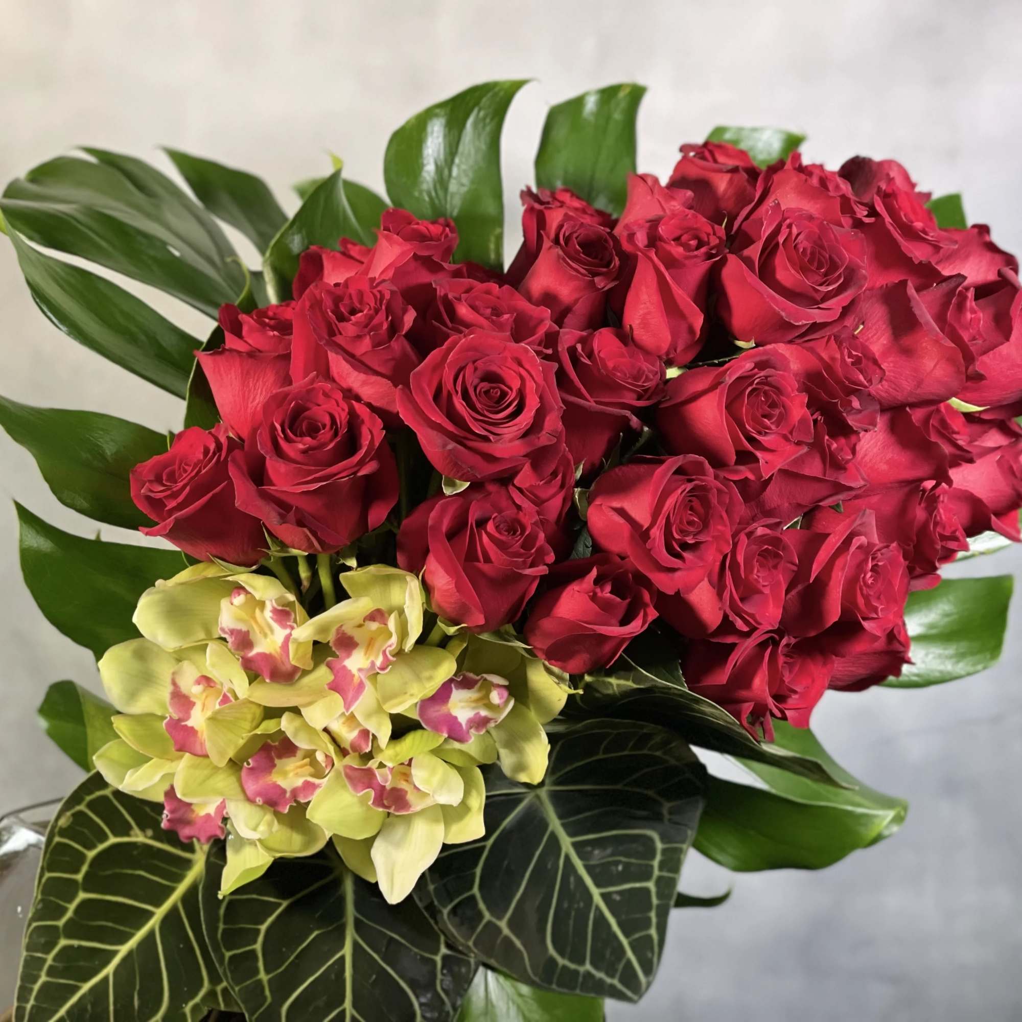 A symphony of four dozen Roses and Half a dozen Cymbidium Orchids