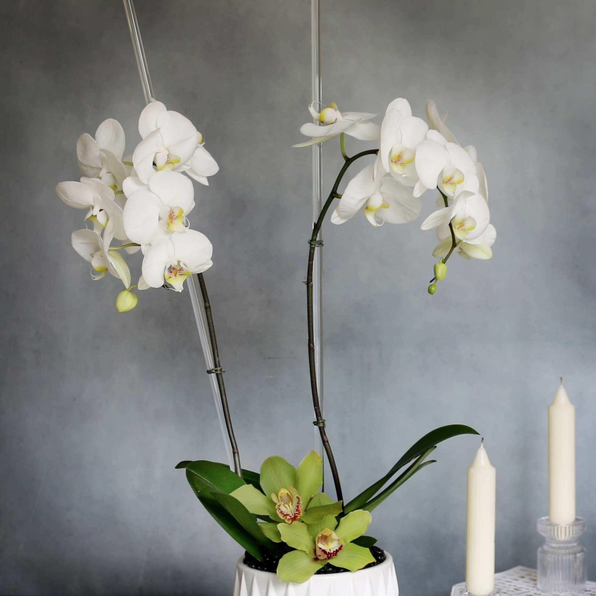 Our Orchid piece consists of two simple white Orchids accented with green