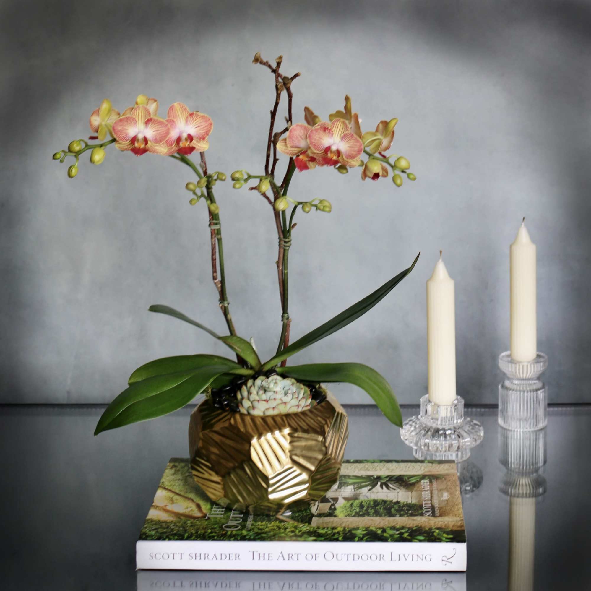 Our peach and bronze mini Orchids are a unique touch to a