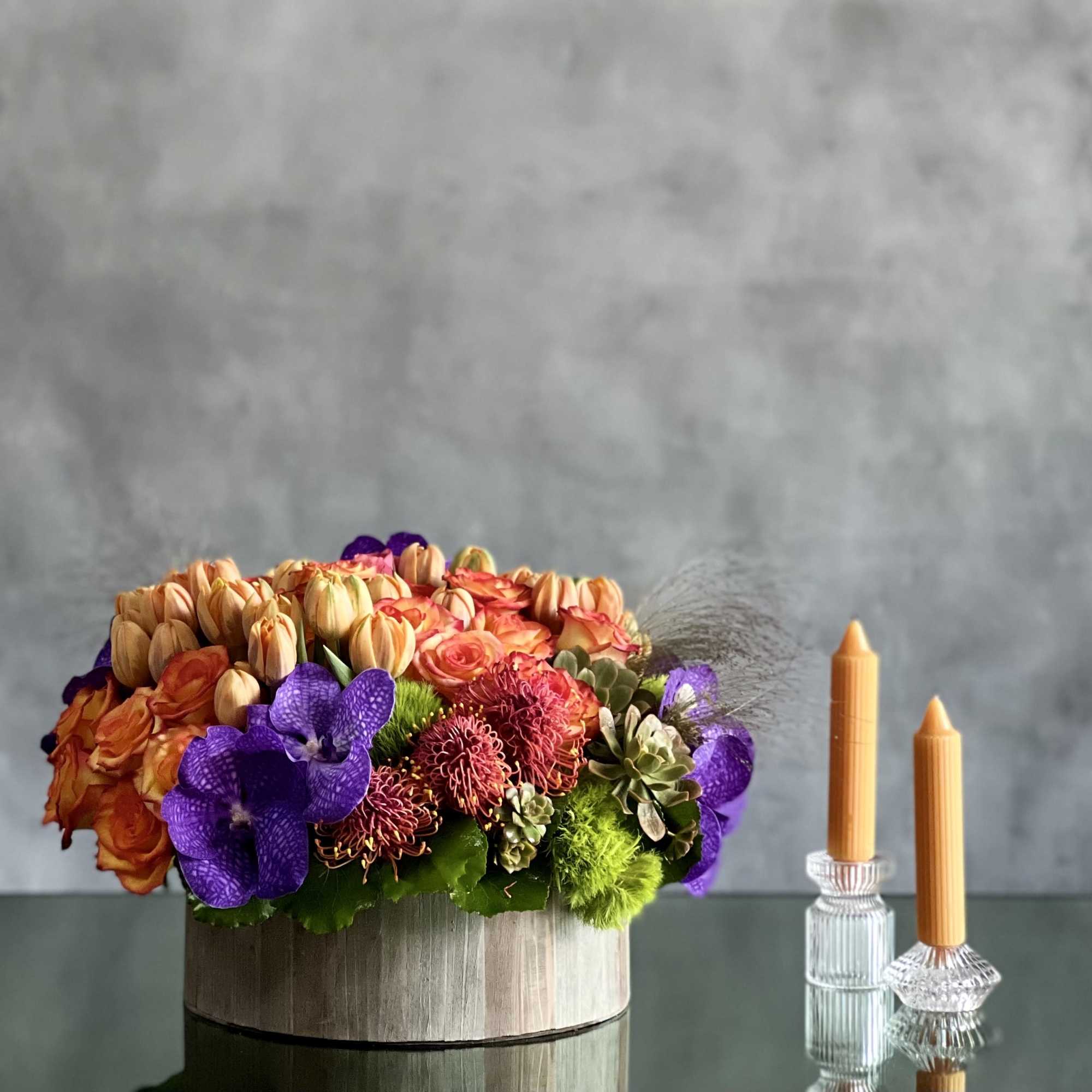 An abundant and colorful floral fantasy consisting of luscious Imported colorful tulips