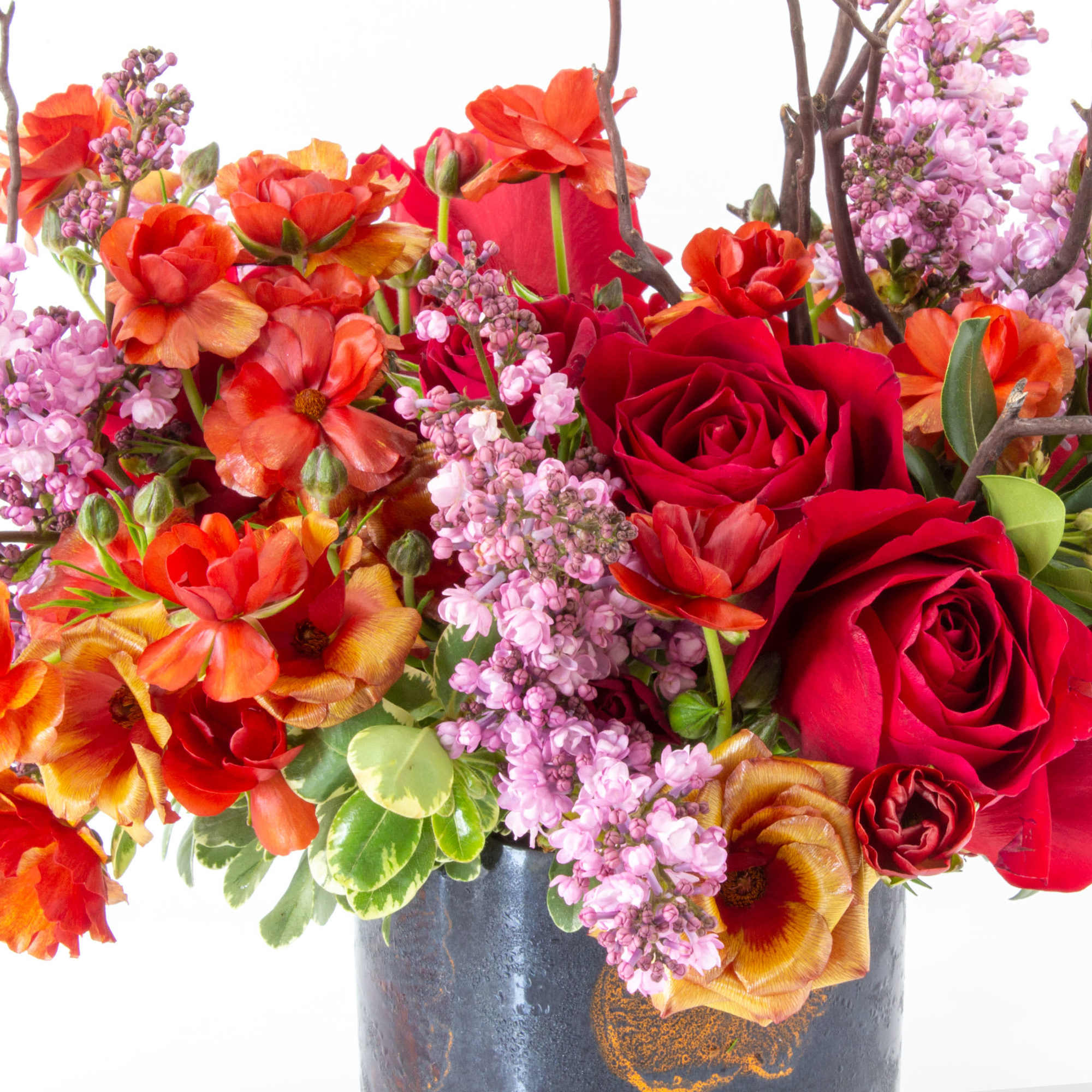 Red Roses and Butterfly Ranunculus  with other locally grown Seasonal Flowers
