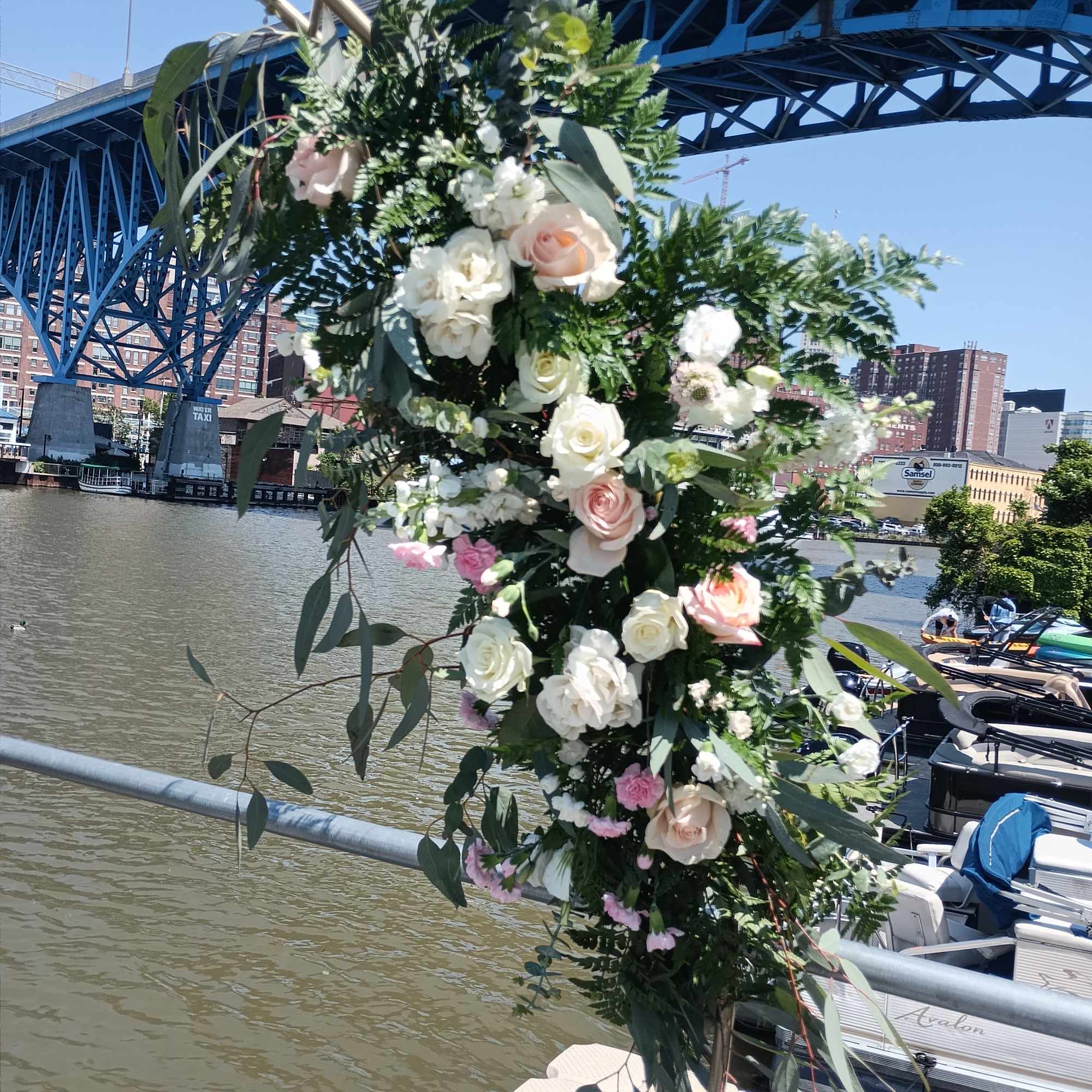 Beautiful vintage white &amp; pink flowers and greens asymmetrical archway  