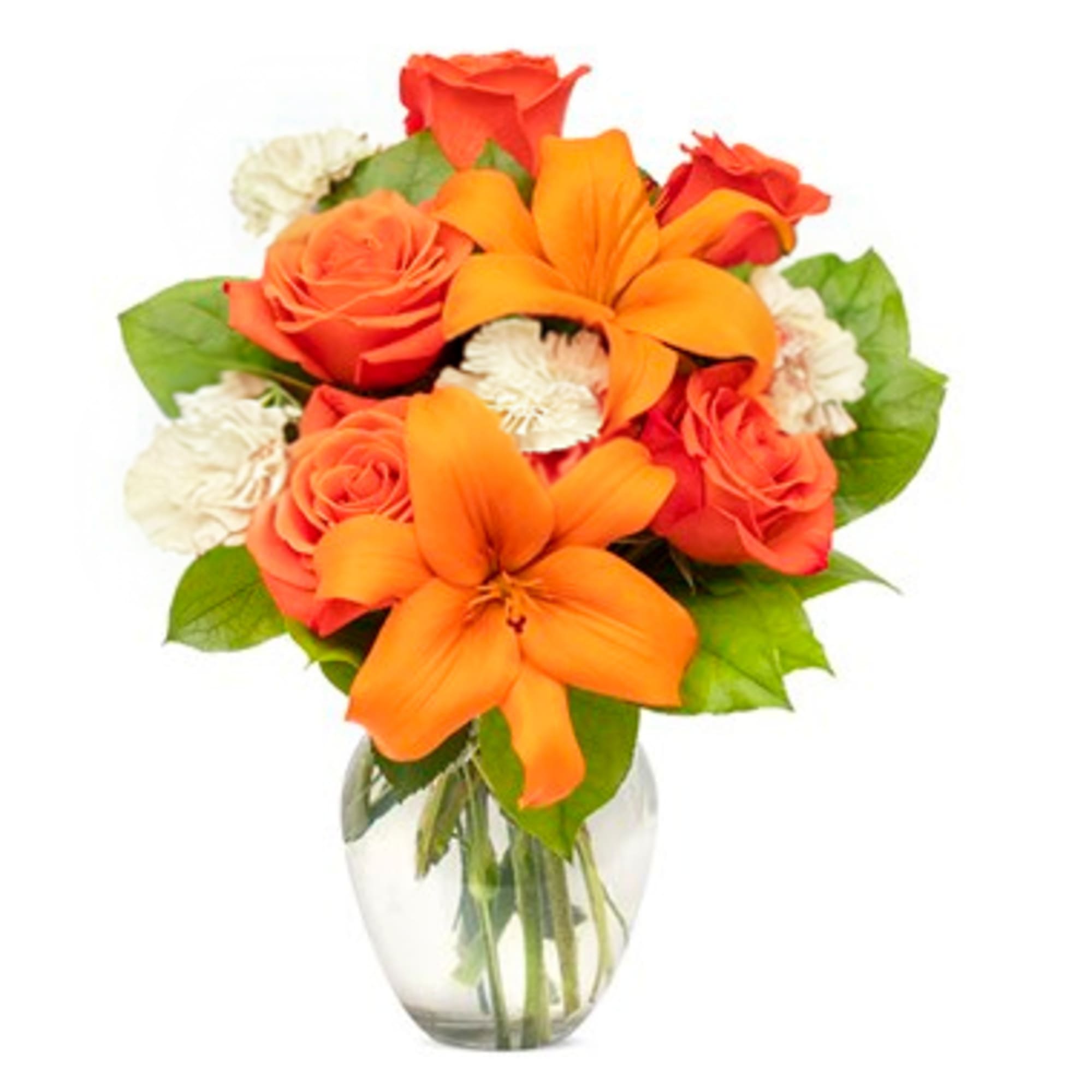 This dramatic grouping of orange asiatic lilies, roses and white carnations, in