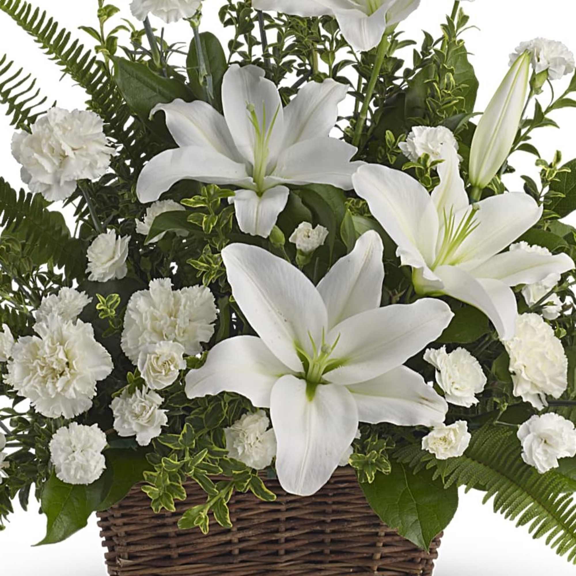 A purely beautiful mix of assorted white flowers in a basket. Flower A purely beautiful mix of assorted white flowers in a basket. Flower