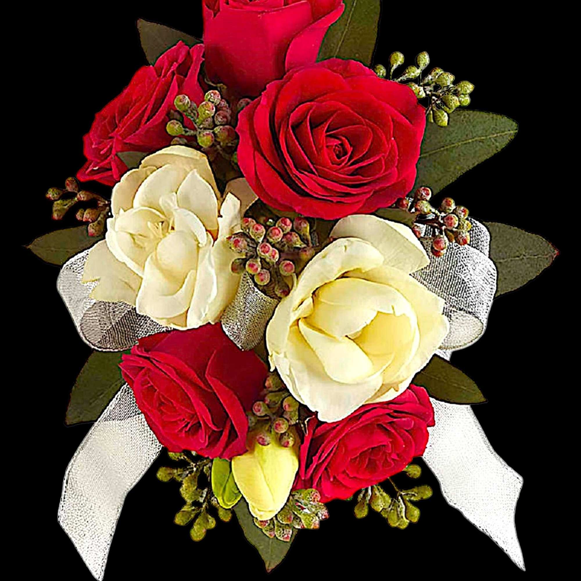 Fragrant and fabulous, this elegant corsage of crimson roses and white freesia