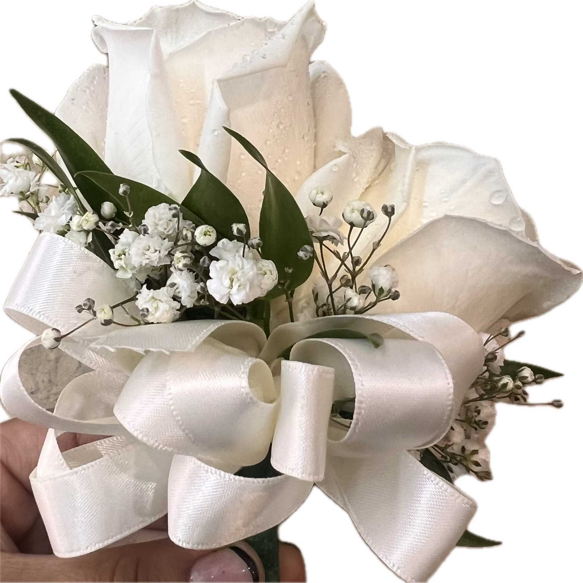 This corsage is made with two roses and ribbon. The ribbon color