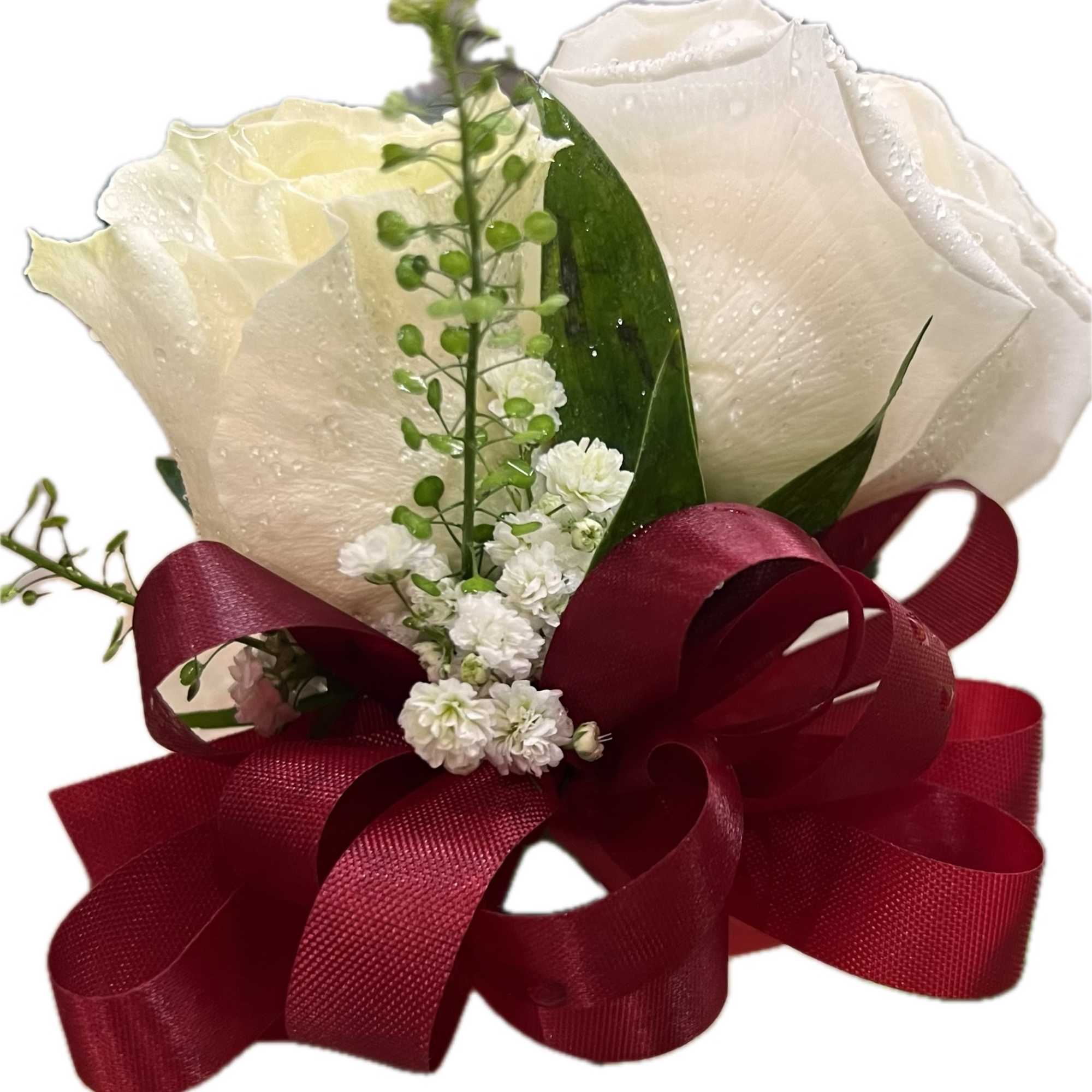 This corsage is made with two roses and ribbon. The ribbon color
