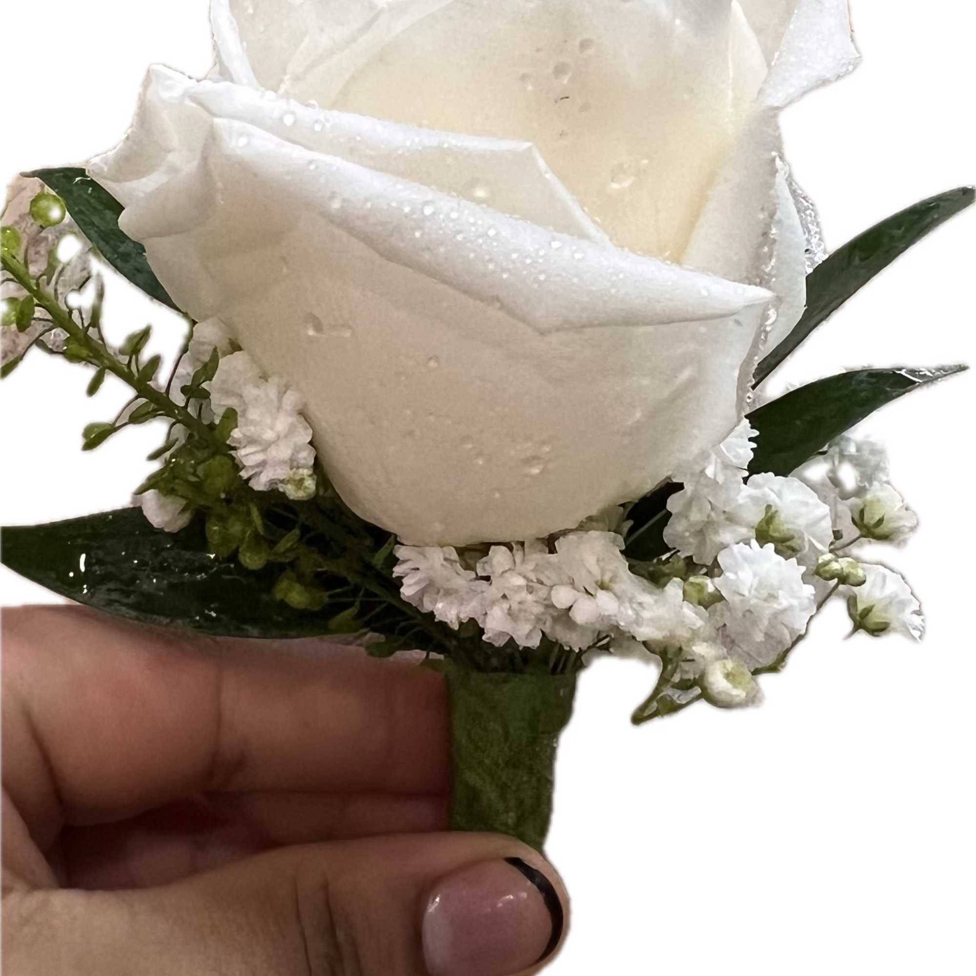 This corsage is made with two roses and ribbon. The ribbon color