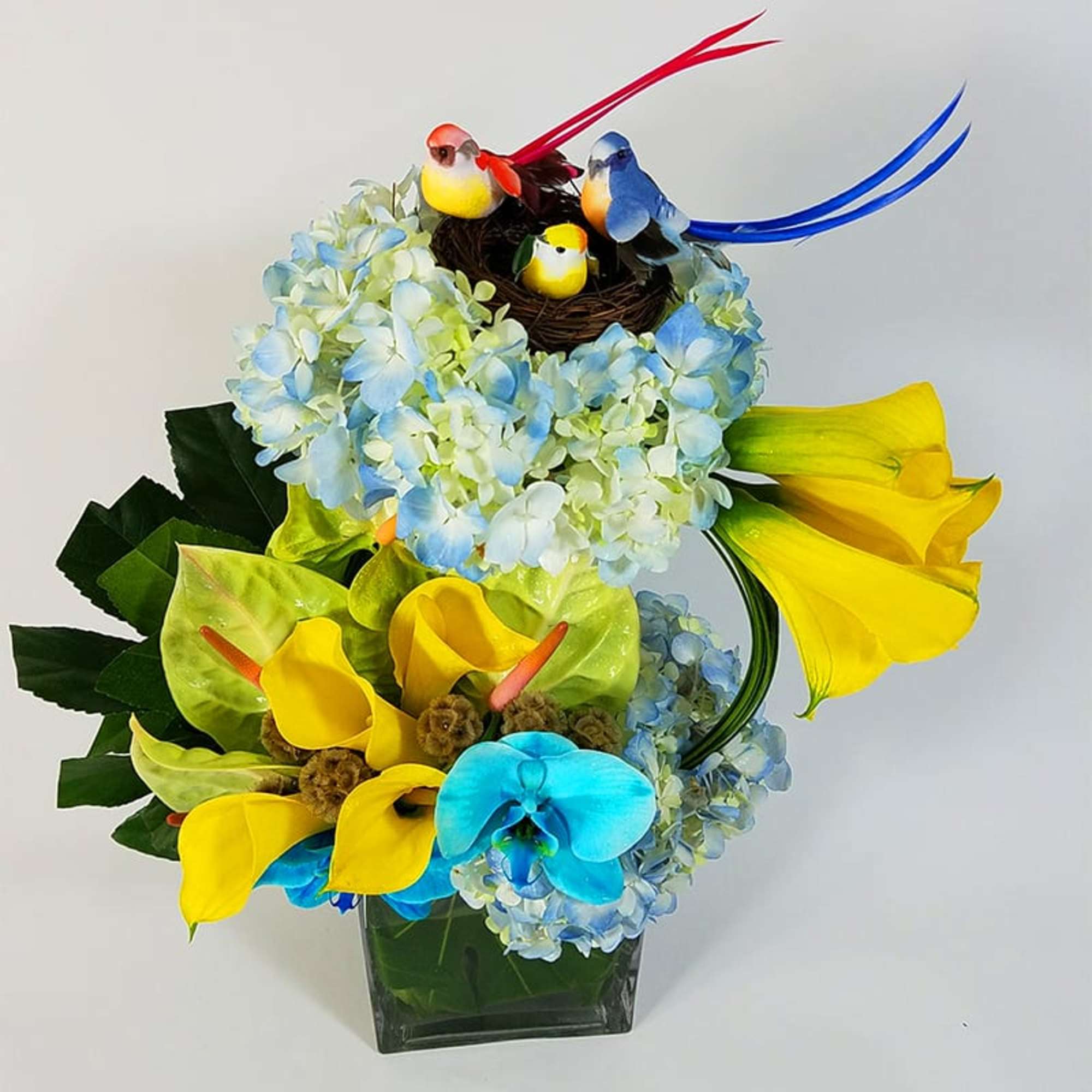 Modern Floral Design in a Glass Vase with Hydrangeas, Anthuriums, Mini-callas, Greens