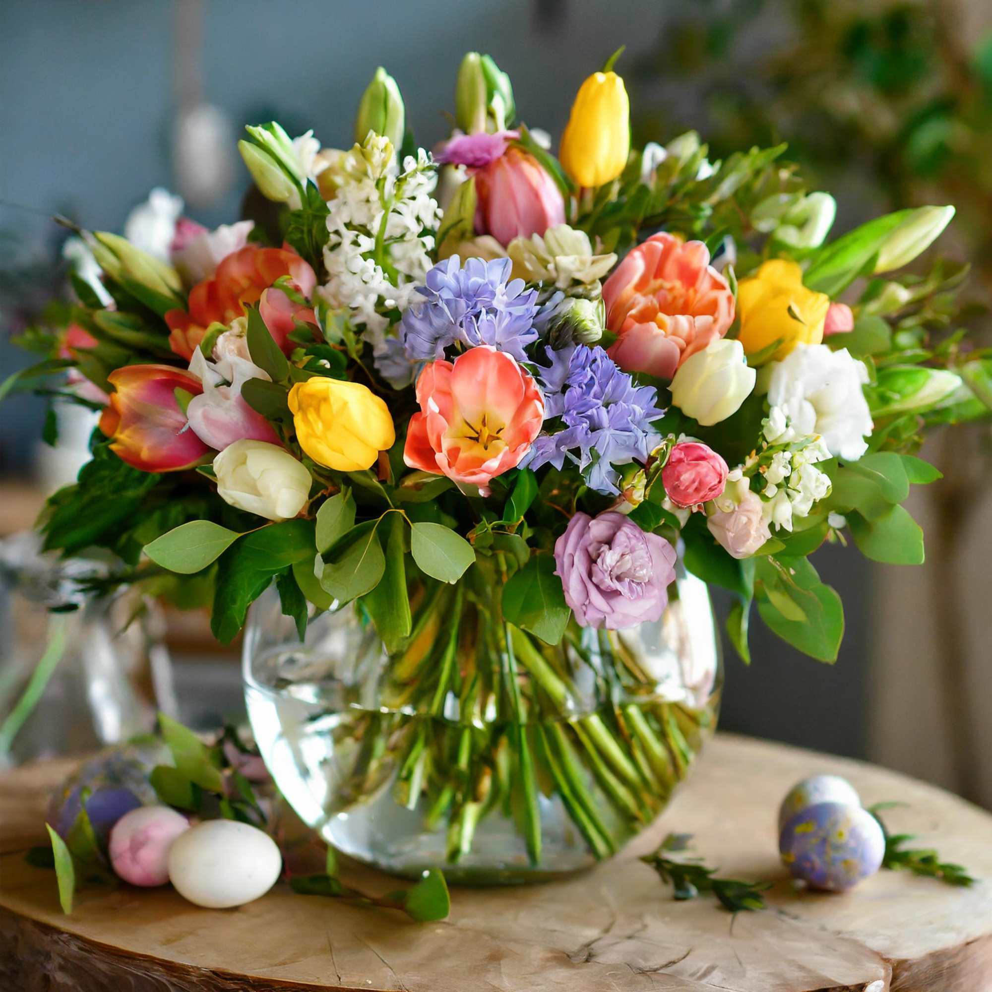 A clear vase with Easter&#039;s vibrant essence, a garden-style symphony in purple