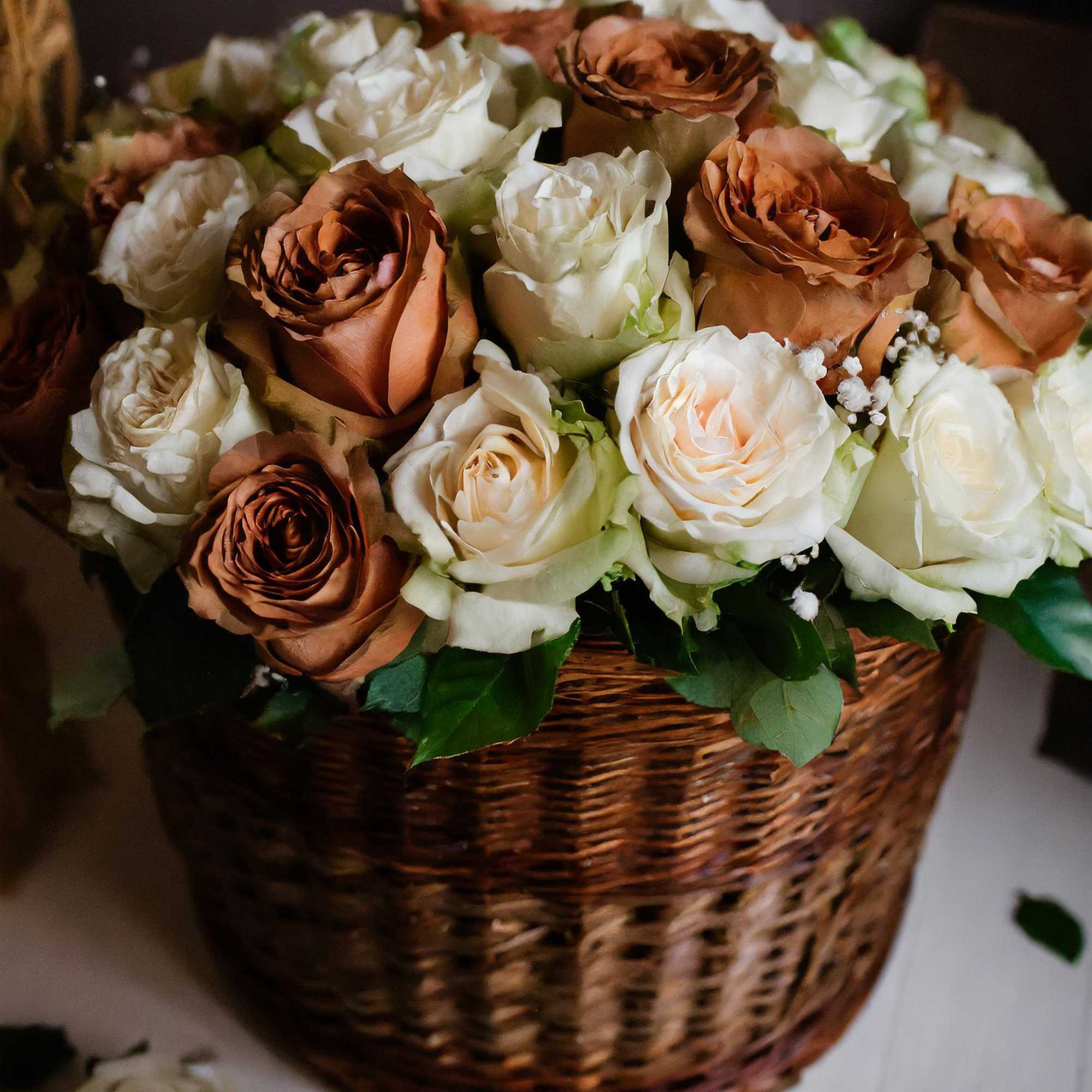 Toffee caramel roses, their velvety petals exuding warmth and allure. Intertwined with