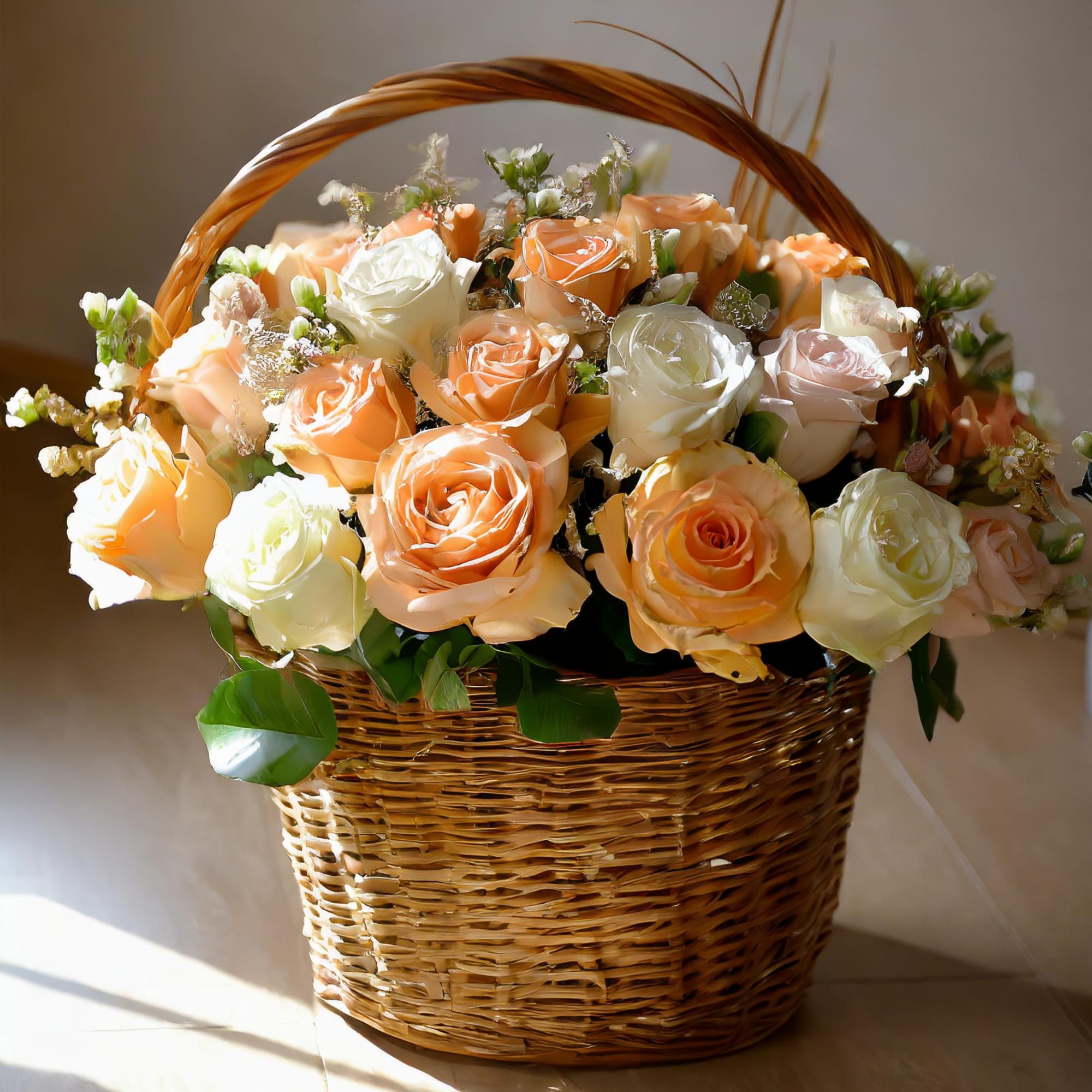 Exquisite floral arrangement, where cream caramel roses intertwine with  white blooms