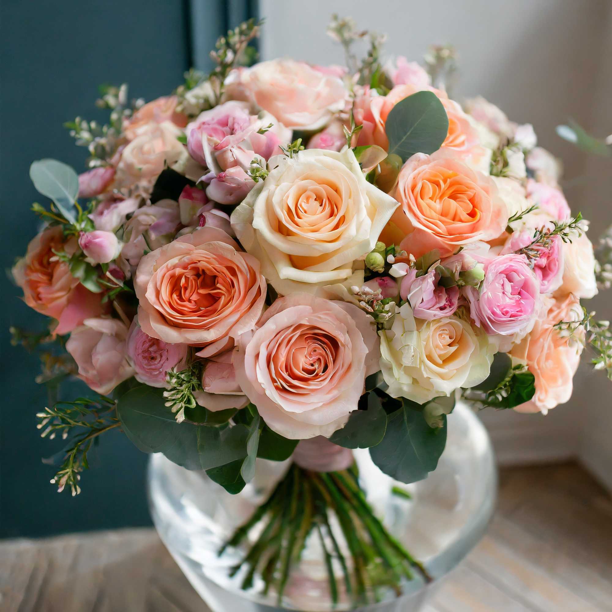 Delight in the exquisite charm of flowers entwined in a peach-hued ballet