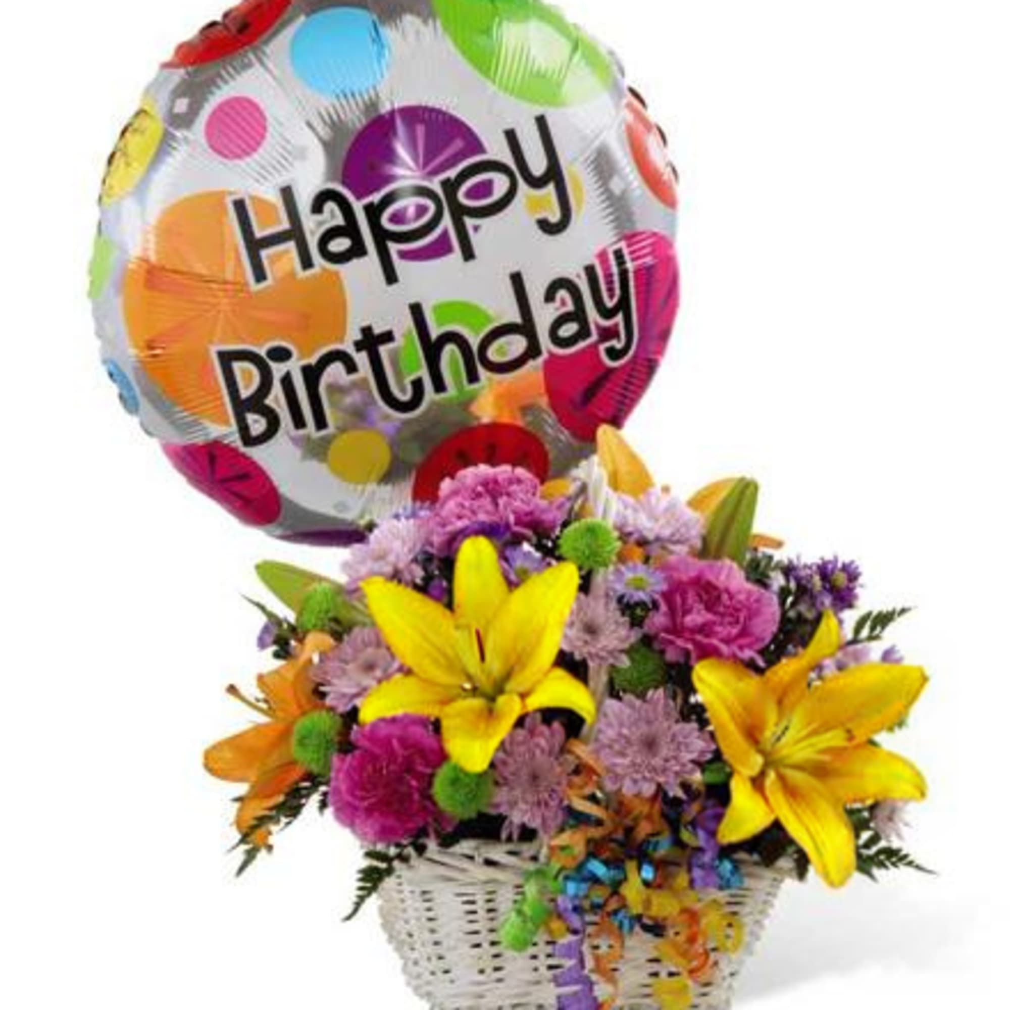 The Birthday Basket brings together Asiatic lilies and carnations to create the