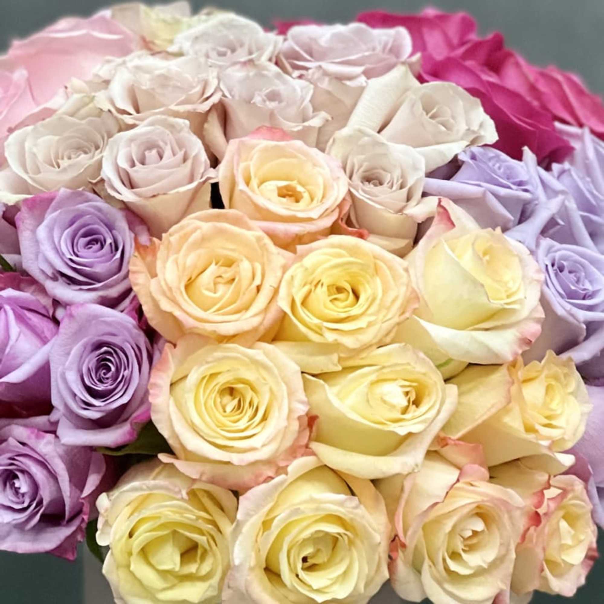 Vibrant and beautiful.... this arrangement is artfully created multi-colored Roses combining brights