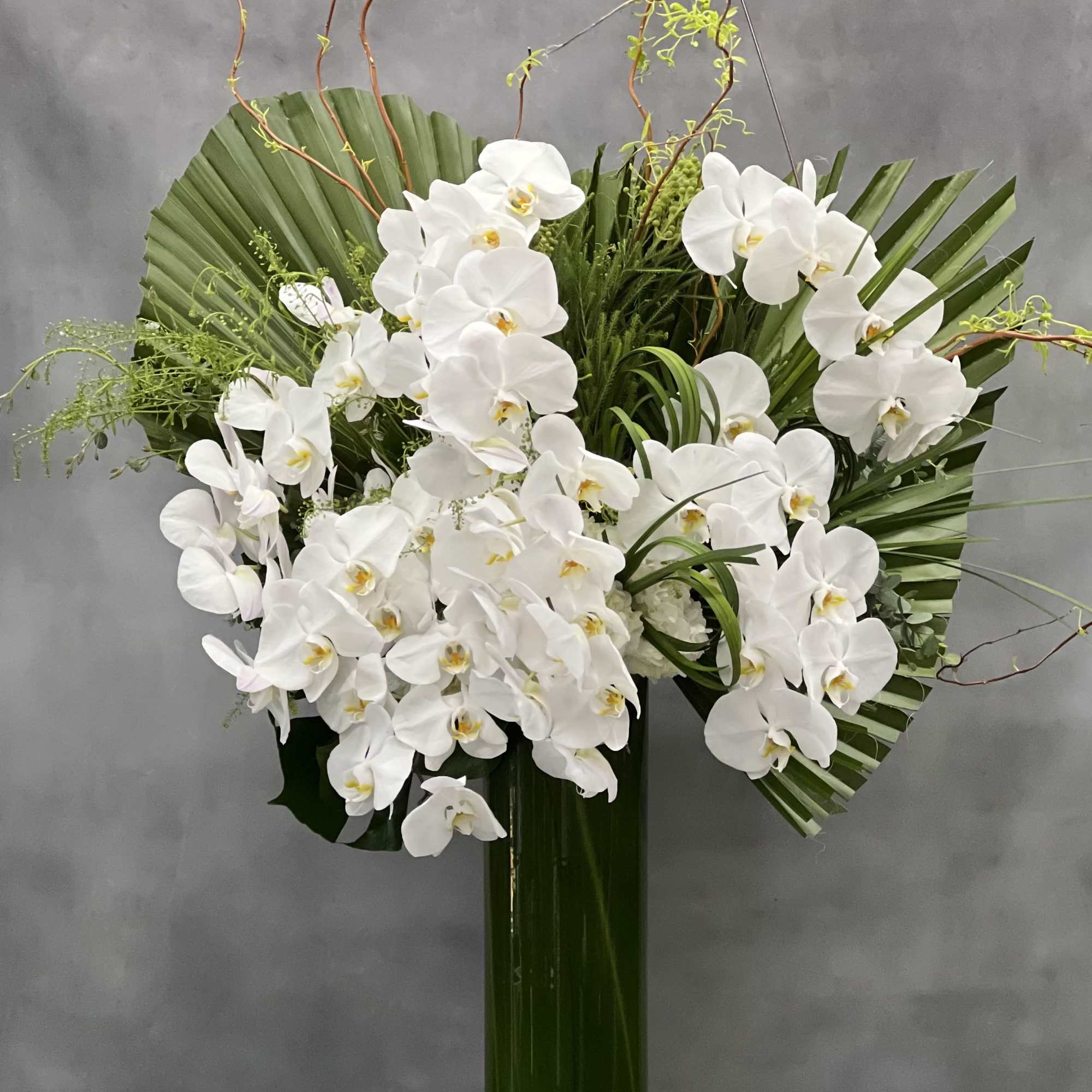 Simple and elegant... lovely white Orchids stand tall in this slender cylinder