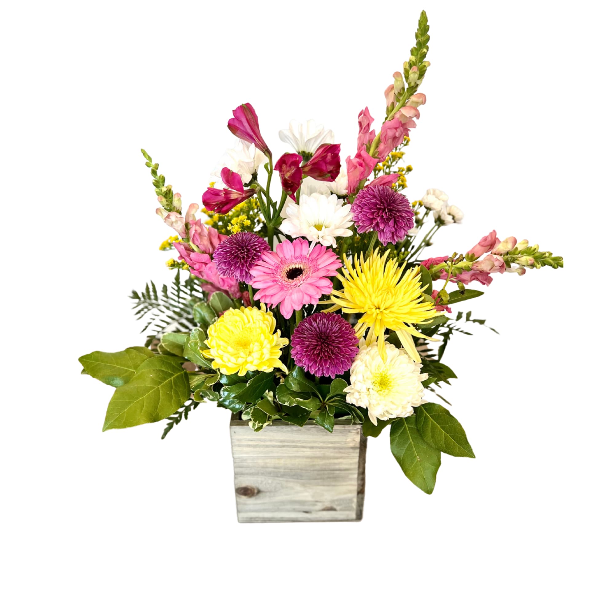 featuring a beautiful planter box full of gorgeous mixed flowers