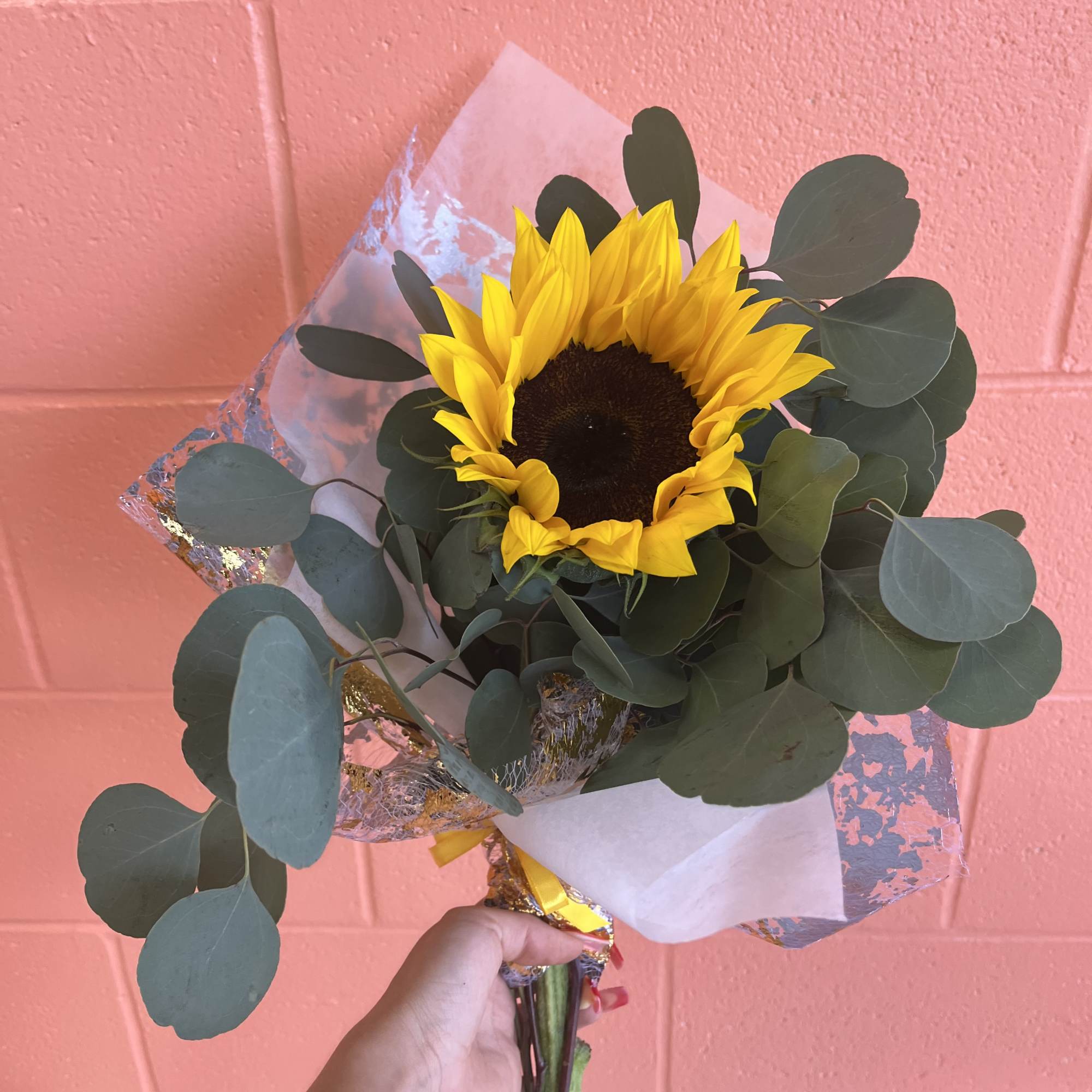 Single Sunflower with fragrant eucalyptus in Mercedes, TX