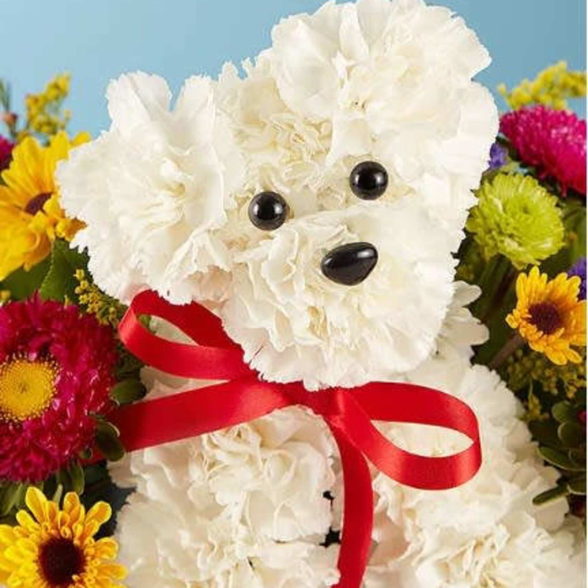 This addorable puppy creation from flowers can brighten up any dog lovers