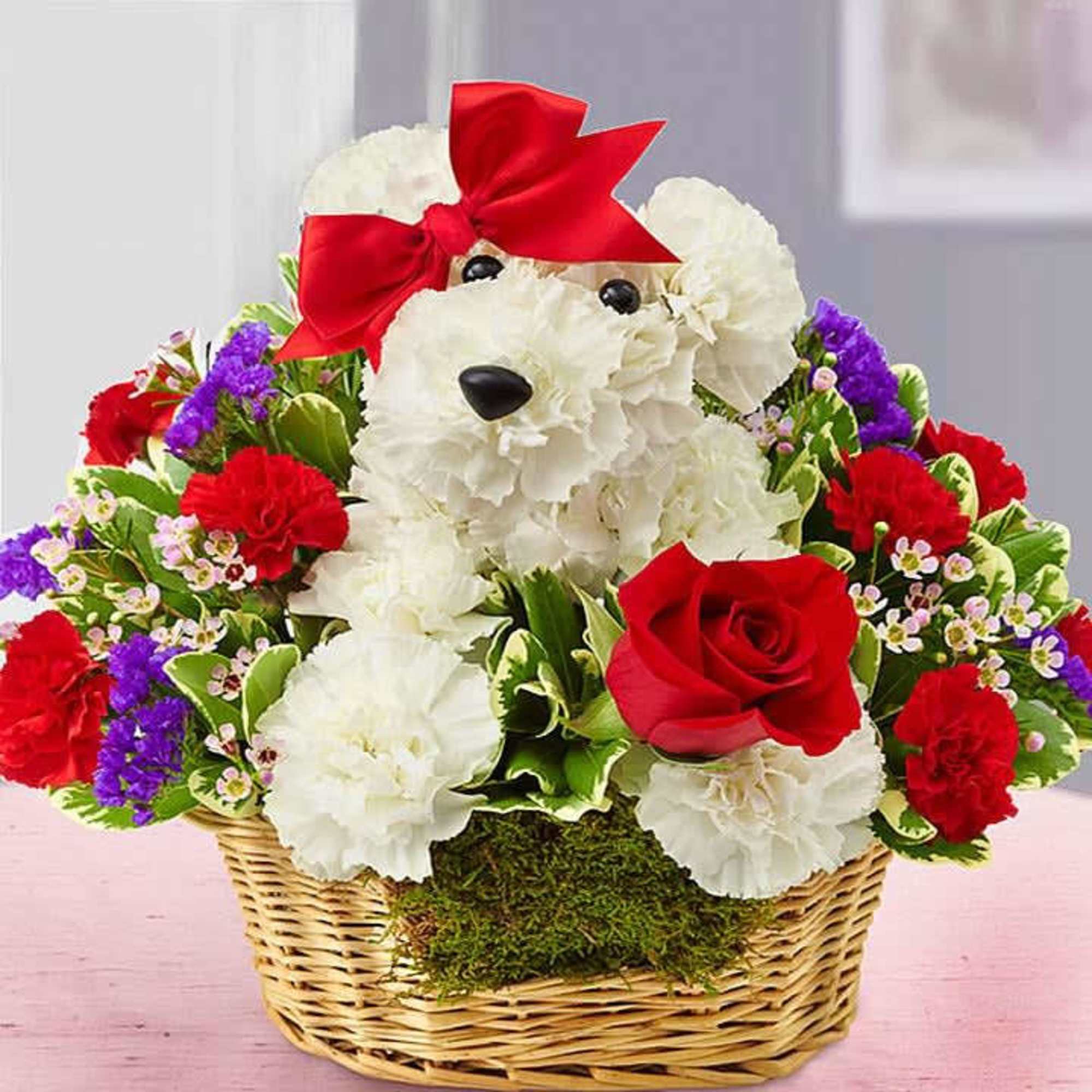 This addorable puppy creation from flowers can brighten up any dog lovers