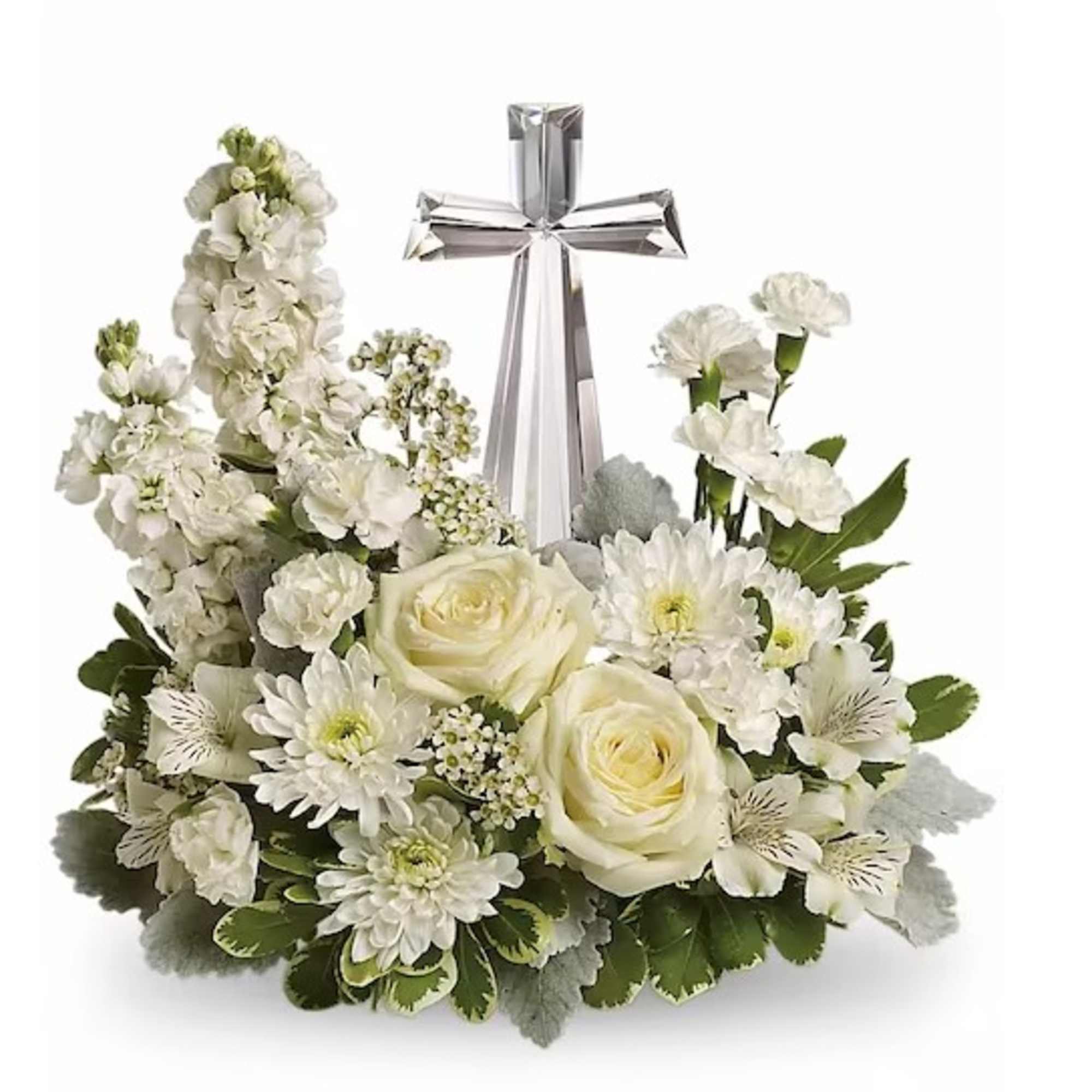 A peaceful display of faith and divine peace. This elegant arrangement will
