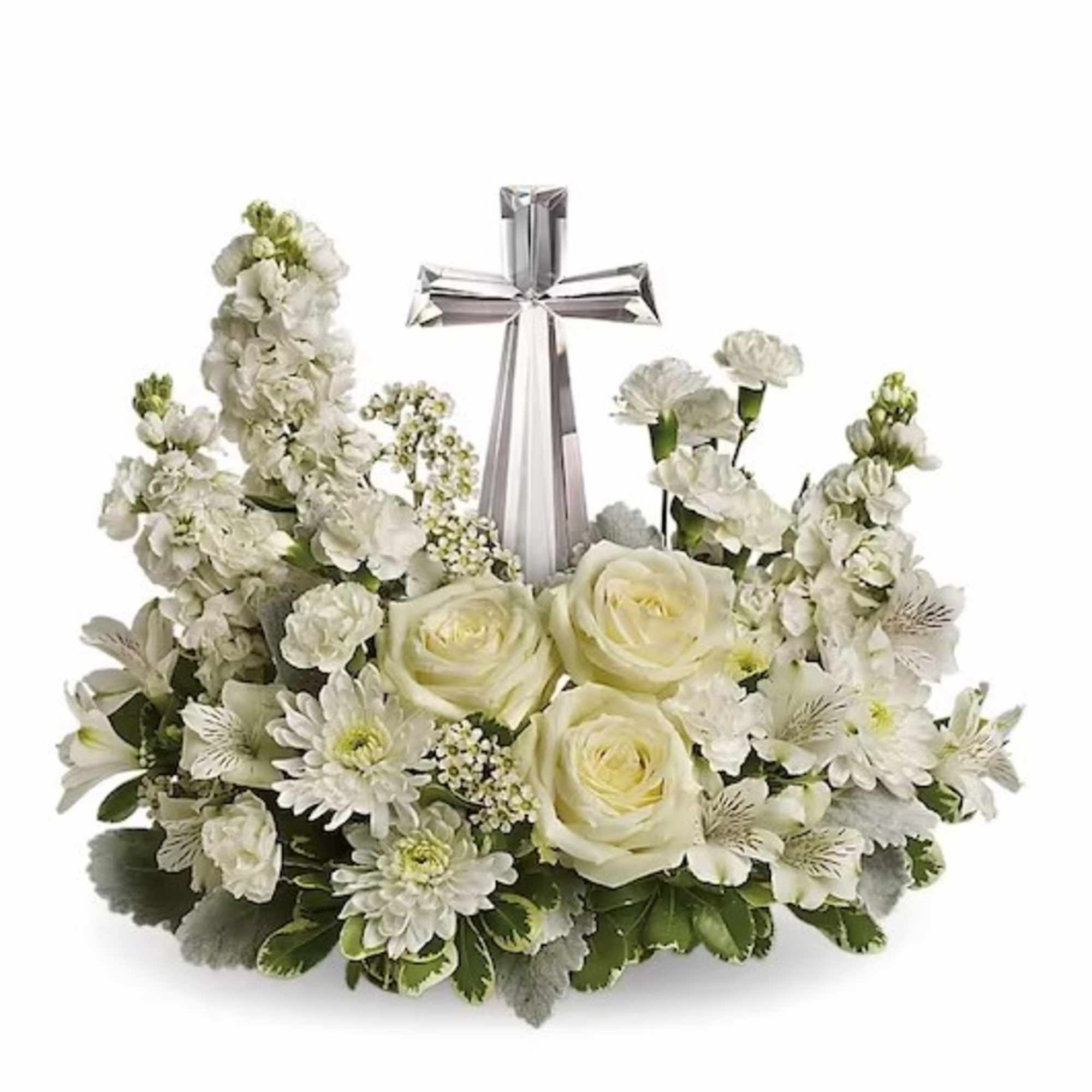 A peaceful display of faith and divine peace. This elegant arrangement will