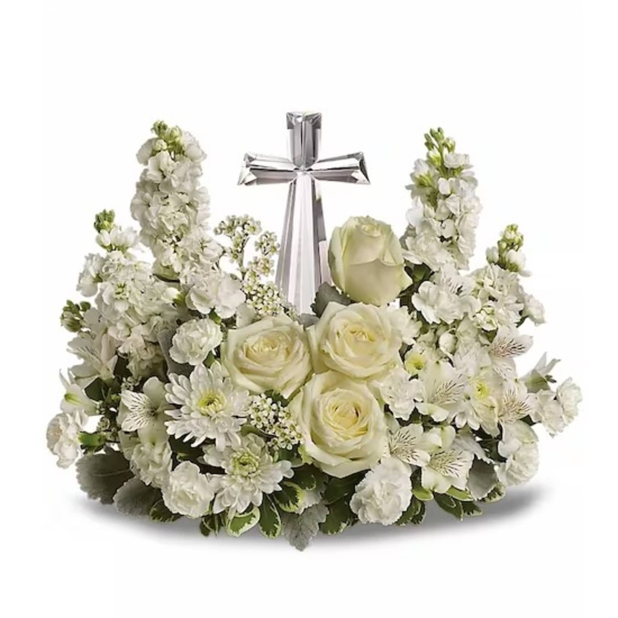 A peaceful display of faith and divine peace. This elegant arrangement will