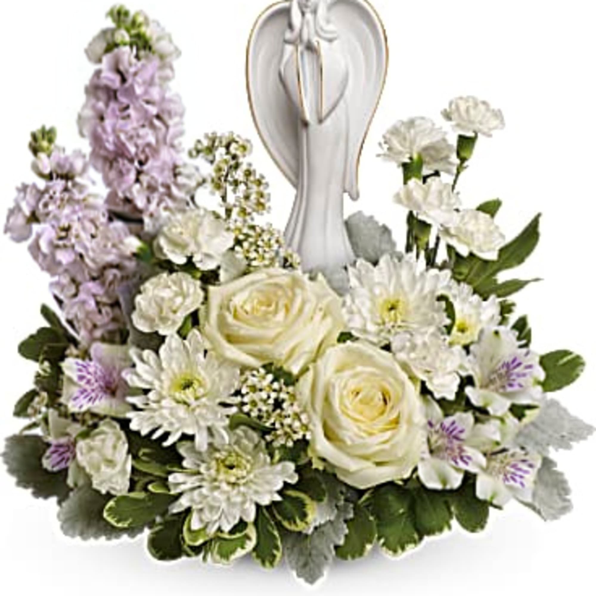 Beautiful angel piece surrounded by stock, roses, mums, alstromeria, mini carns, and