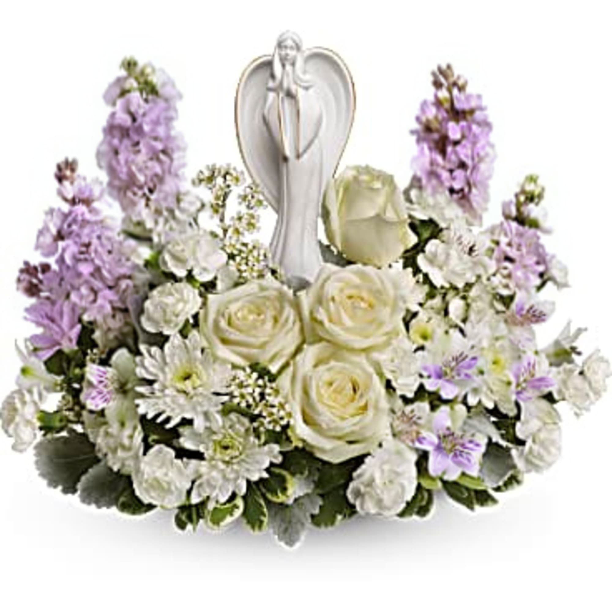 Beautiful angel piece surrounded by stock, roses, mums, alstromeria, mini carns, and