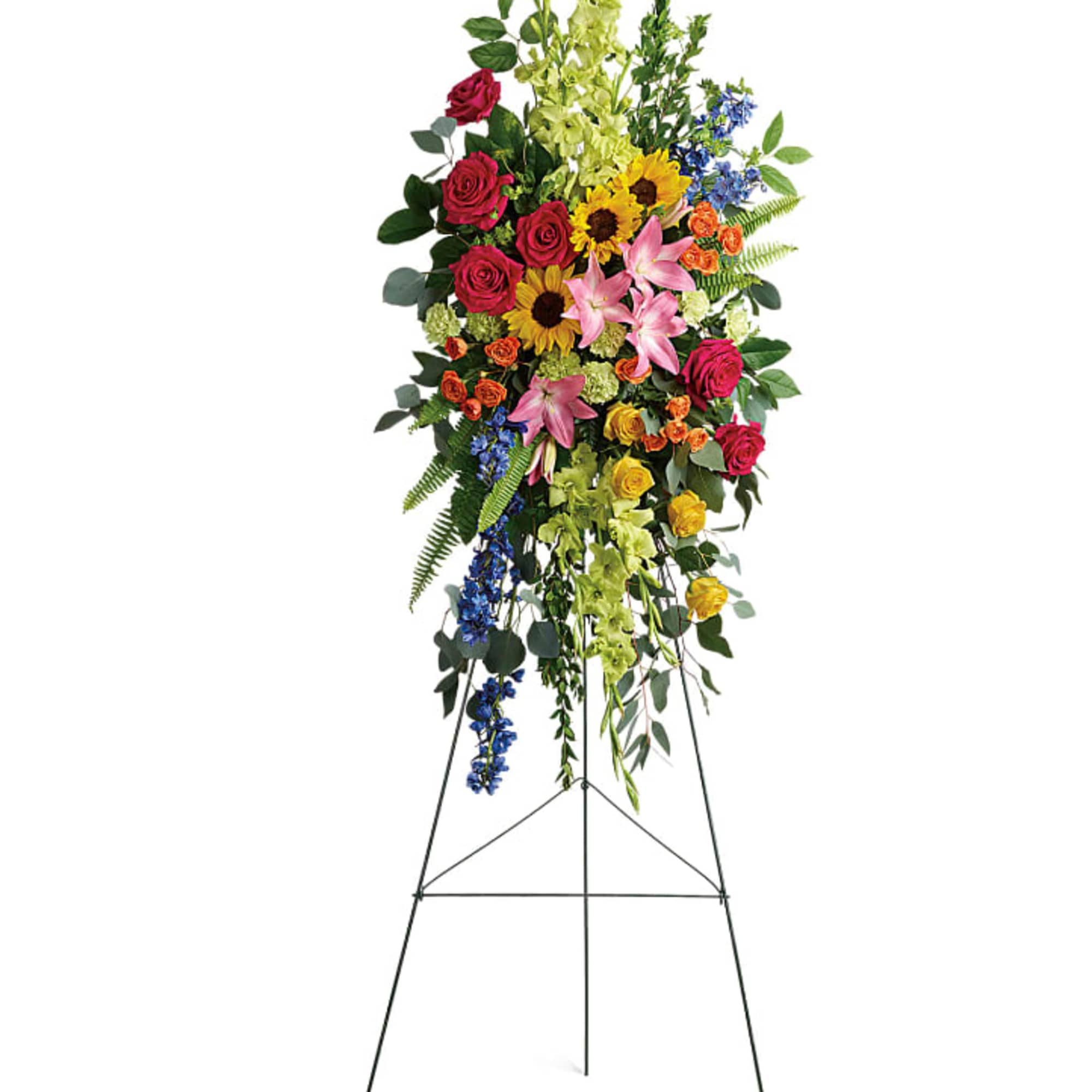 Bursting with joy, this radiant spray of rainbow blooms is an exuberant