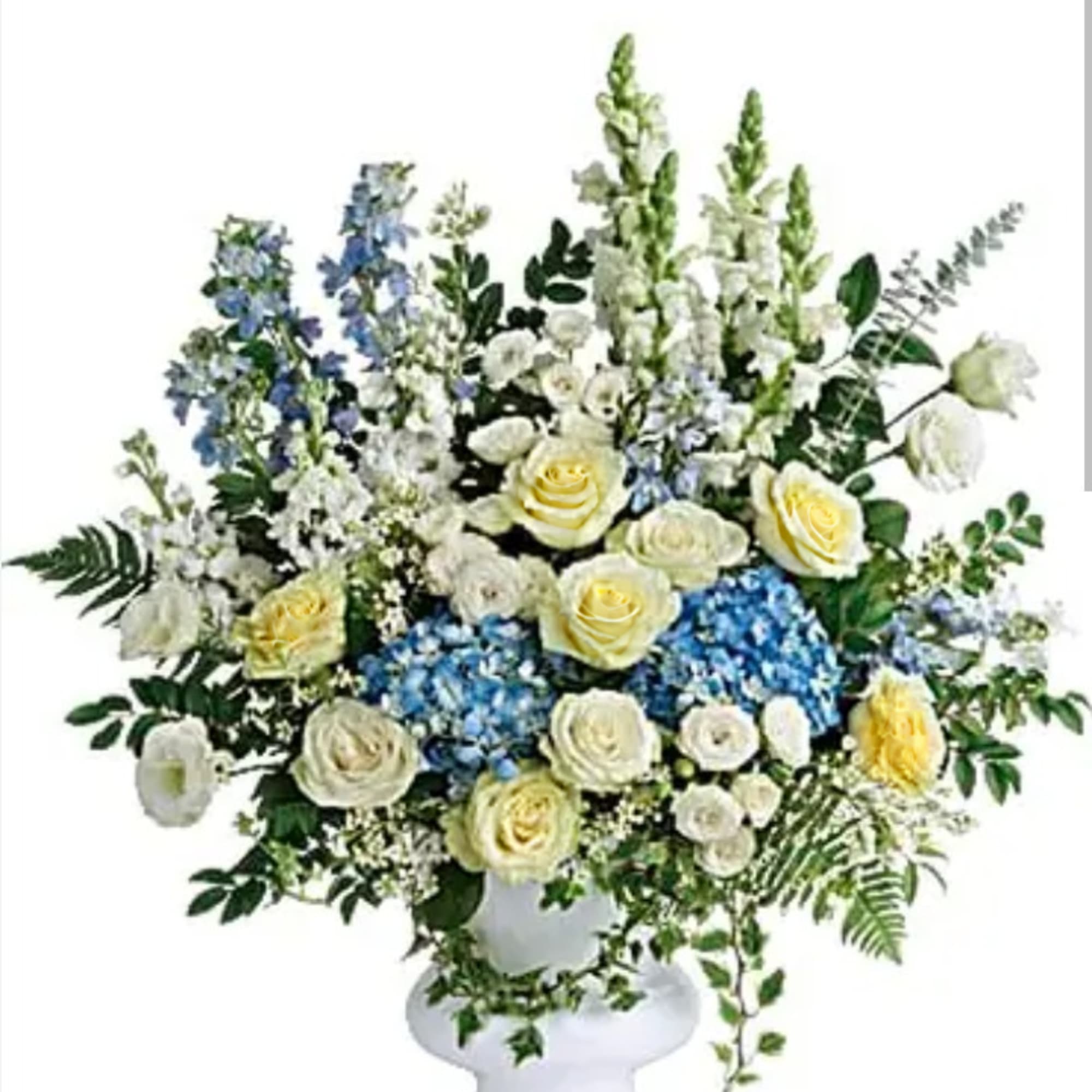 Beautiful full floor basket filled with hydrangea, roses, spray roses, snaps, delph