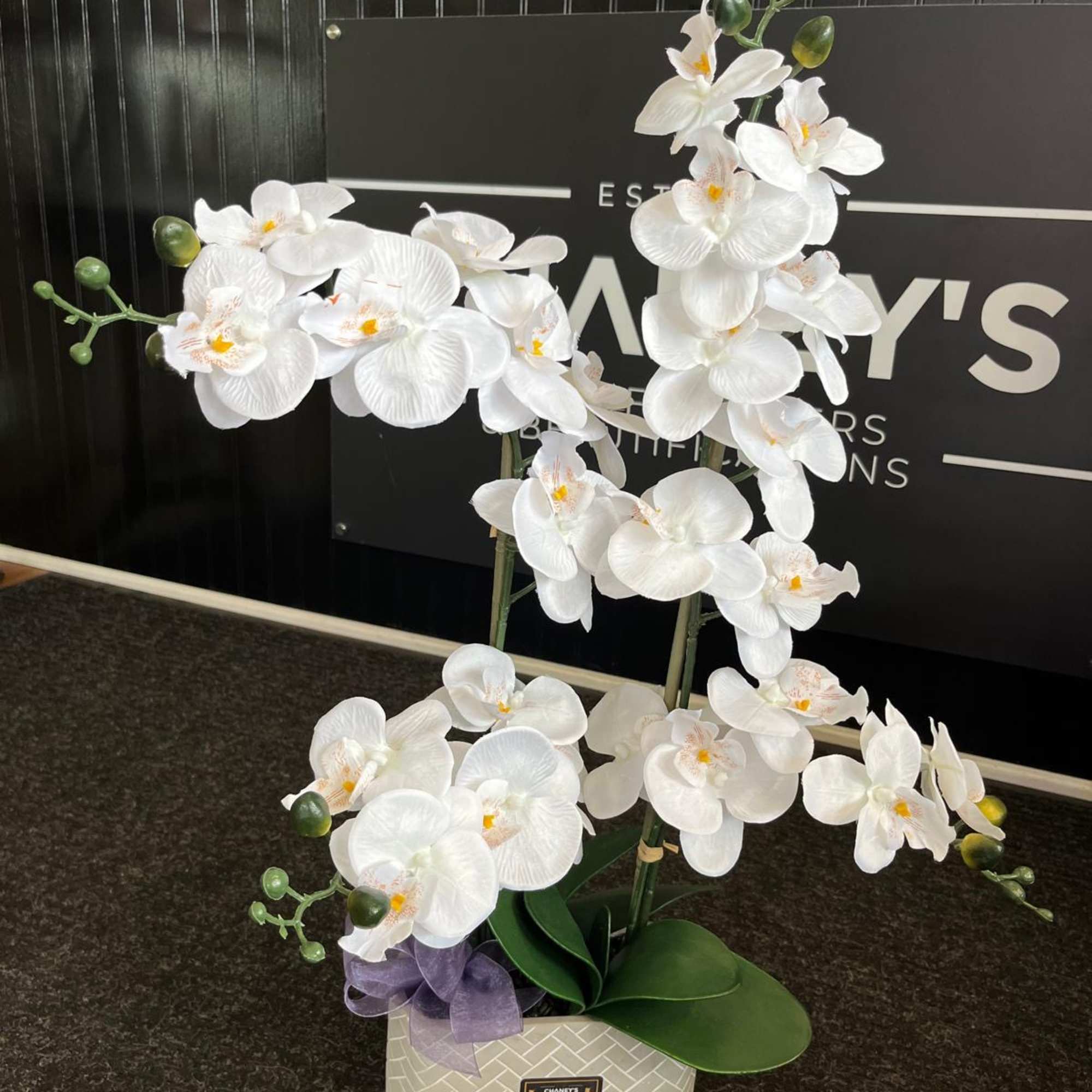 A beautiful real touch artificial orchid hand arranged in a ceramic pot.