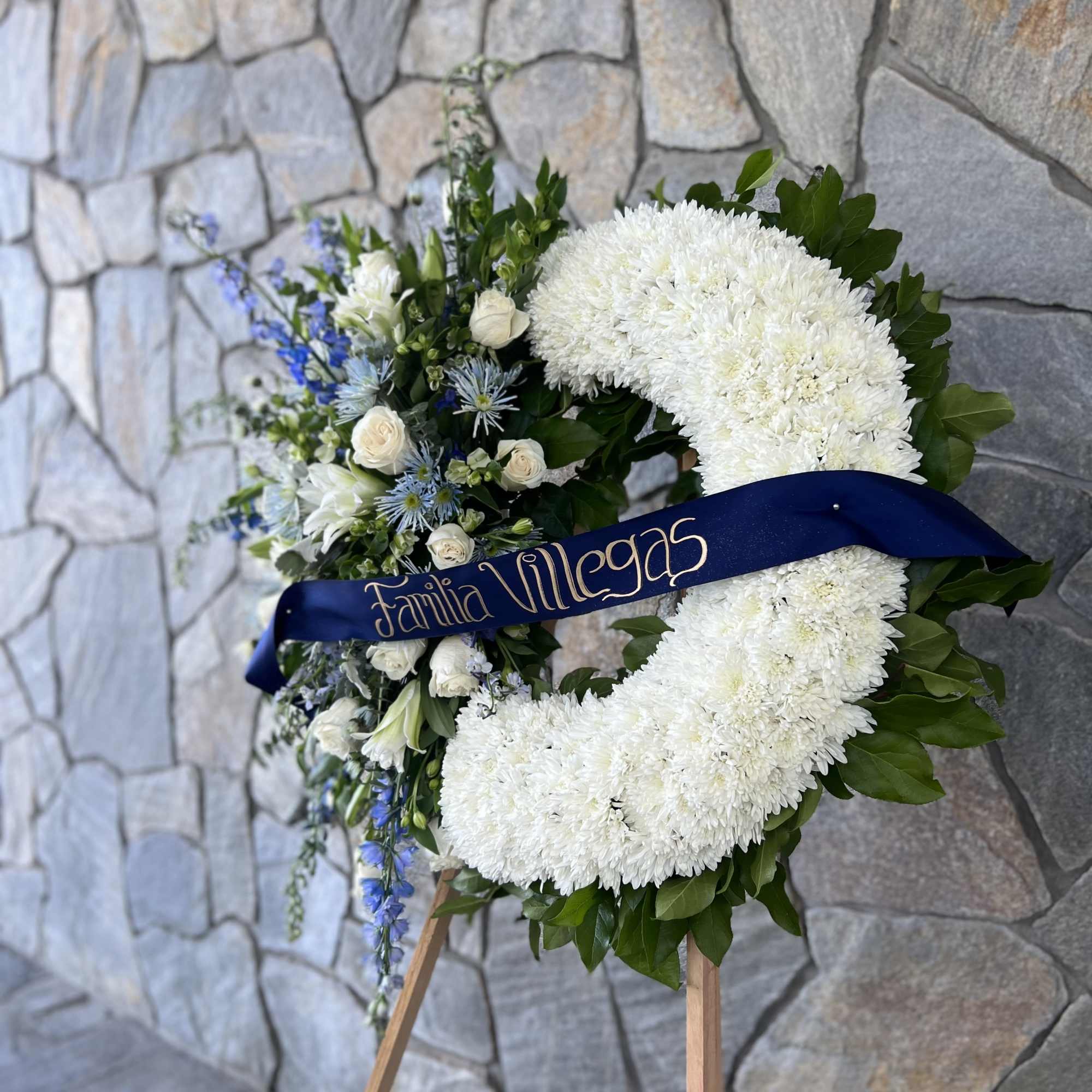 Blue and White Flowers.
30&quot; Approx. Stand and Ribbon.