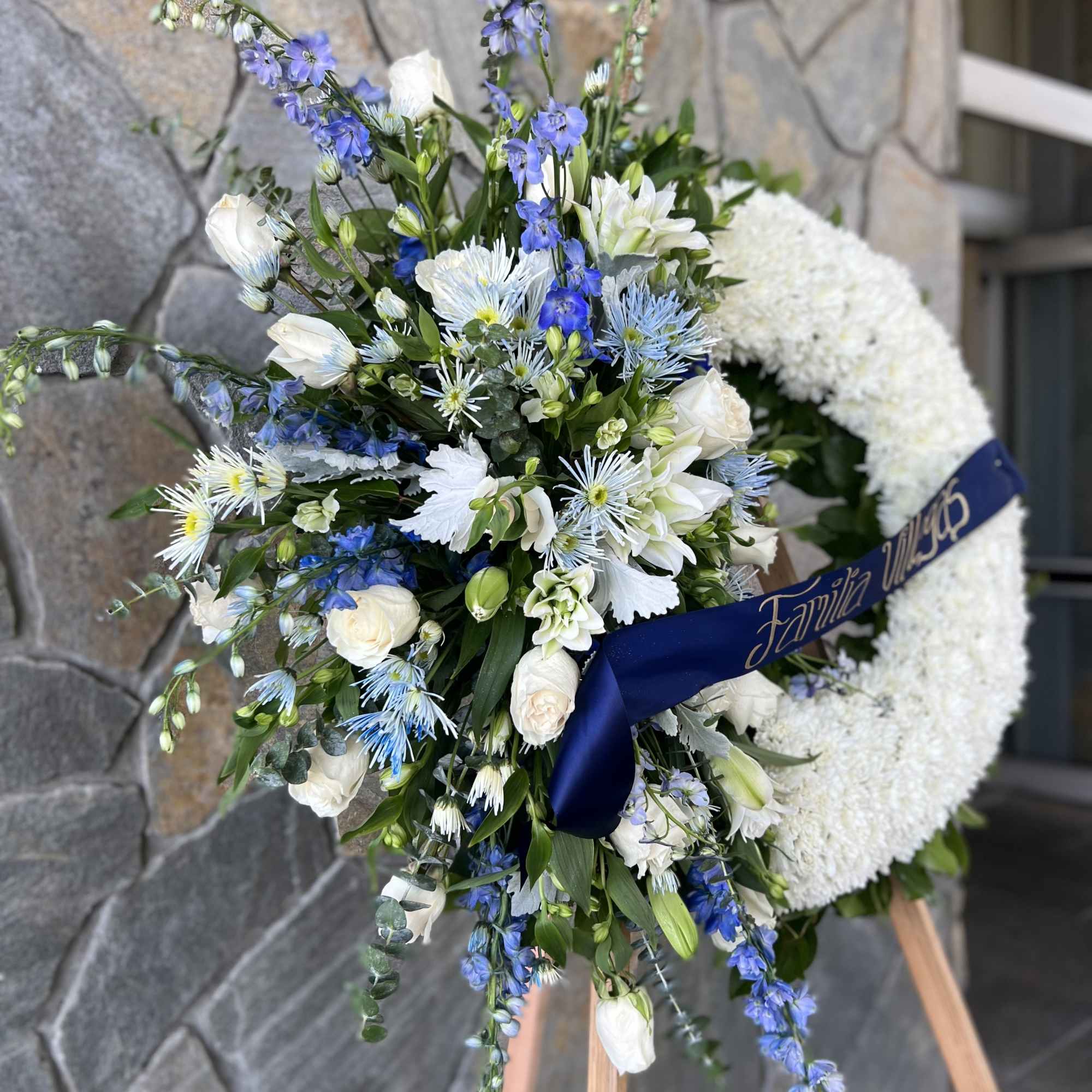 Blue and White Flowers.
30&quot; Approx. Stand and Ribbon.