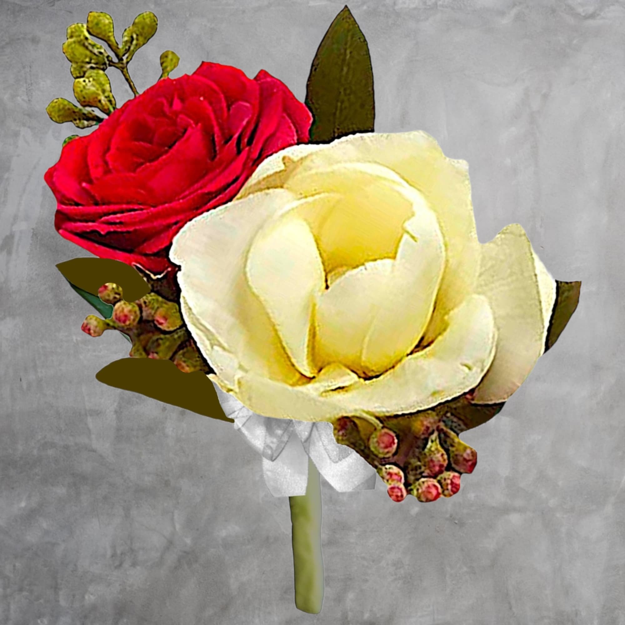 Fragrant and fabulous, this elegant boutonniere of crimson roses and white freesia