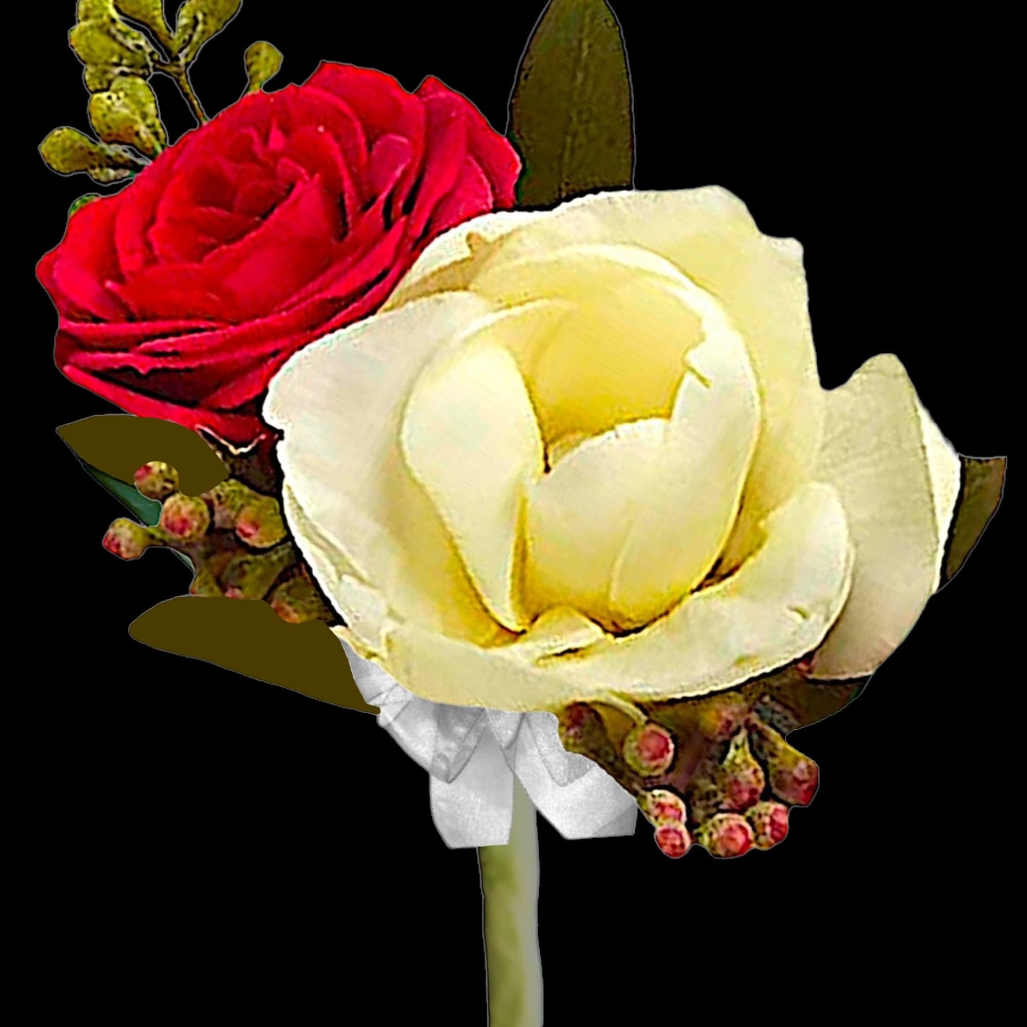 Fragrant and fabulous, this elegant boutonniere of crimson roses and white freesia