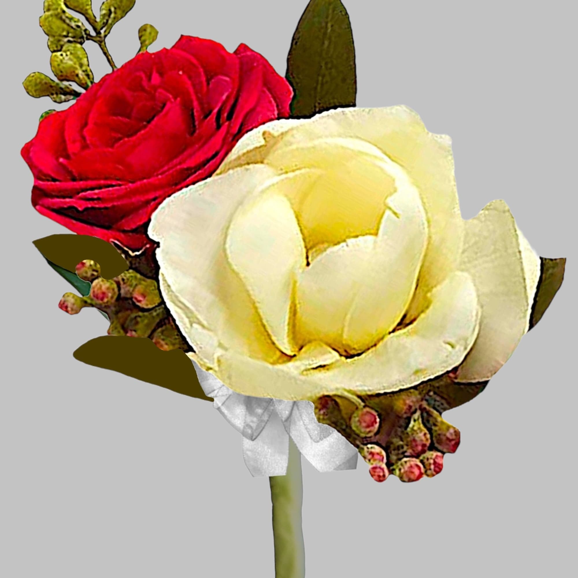 Fragrant and fabulous, this elegant boutonniere of crimson roses and white freesia