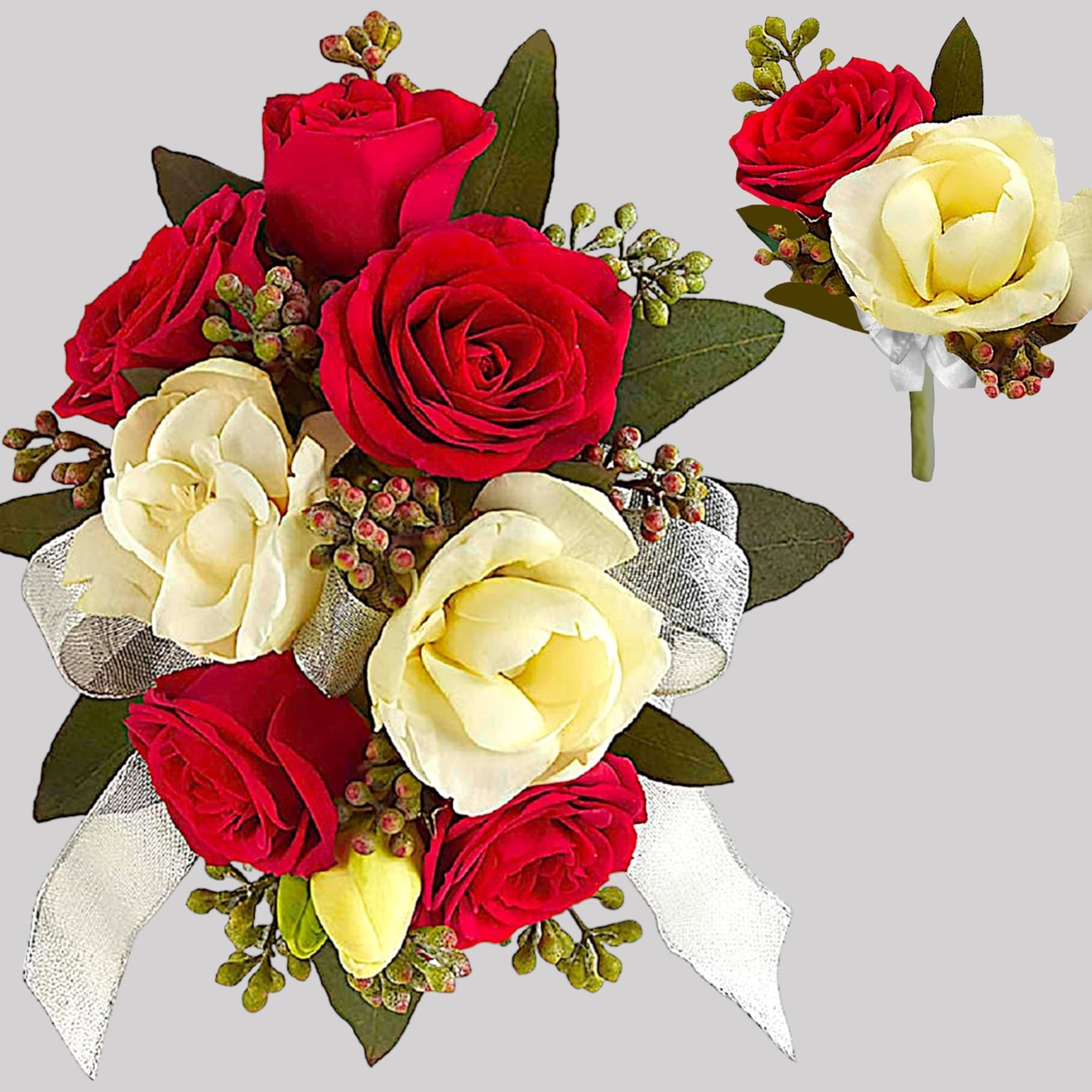 Fragrant and fabulous, this elegant boutonniere of crimson roses and white freesia
