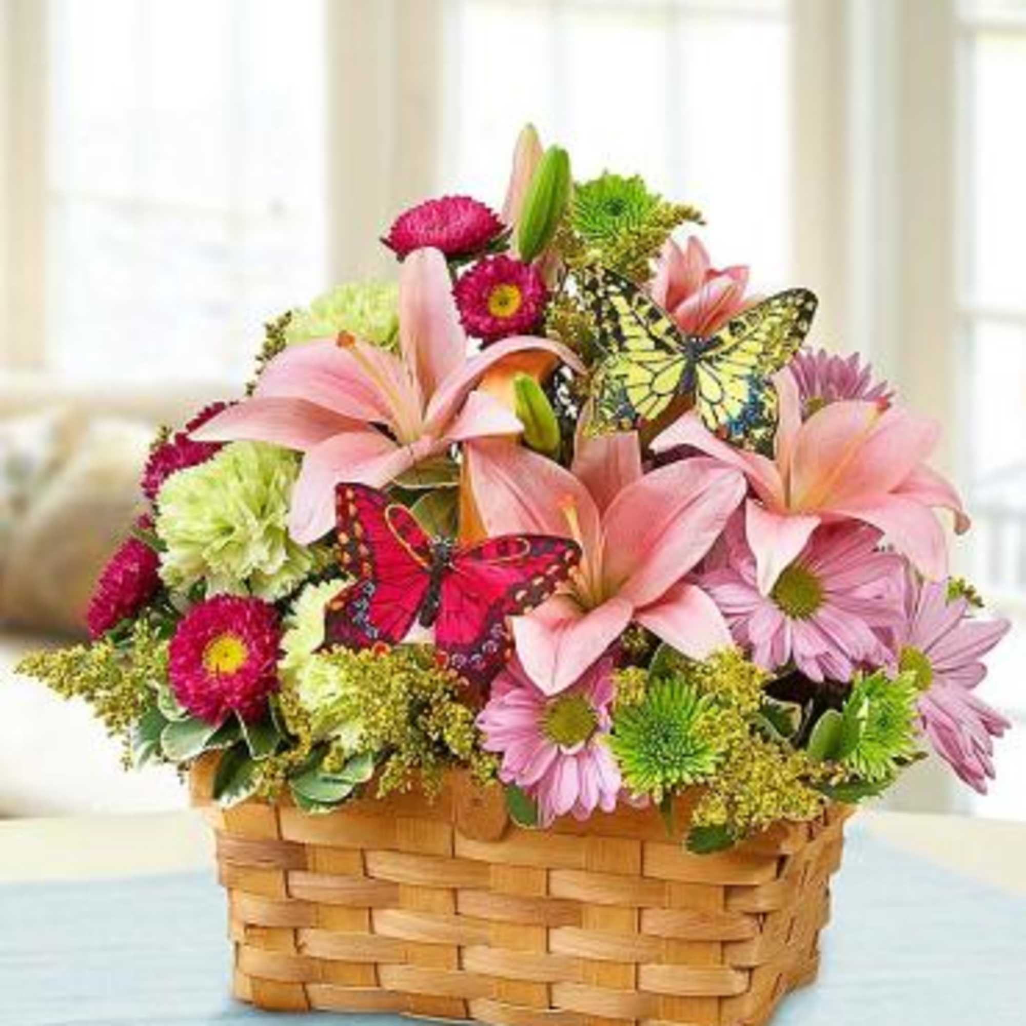 Inspire springtime smiles with a fresh, hand-designed basket arrangement of lilies, daisy 
Inspire springtime smiles with a fresh, hand-designed basket arrangement of lilies, daisy