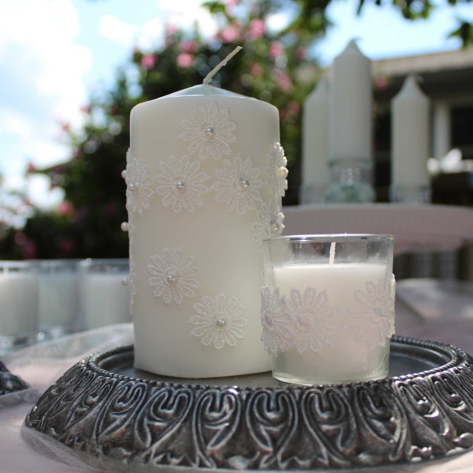 These beautiful lace adorned, pillar candles will add an extra touch of These beautiful lace adorned, pillar candles will add an extra touch of