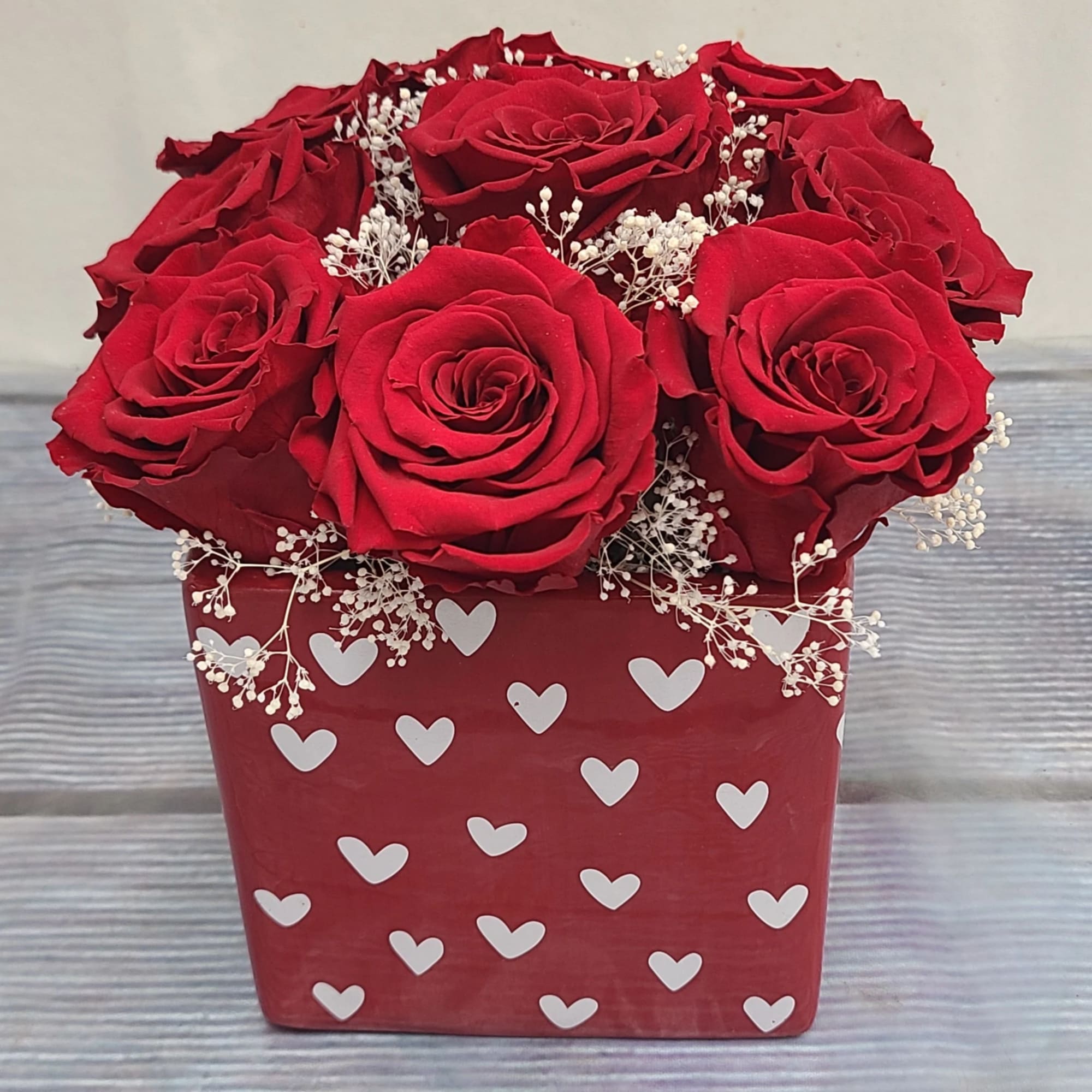 9 Red Preserved Roses Surrounded by Preserved Baby&#039;s Breath, in a Valentine&#039;s