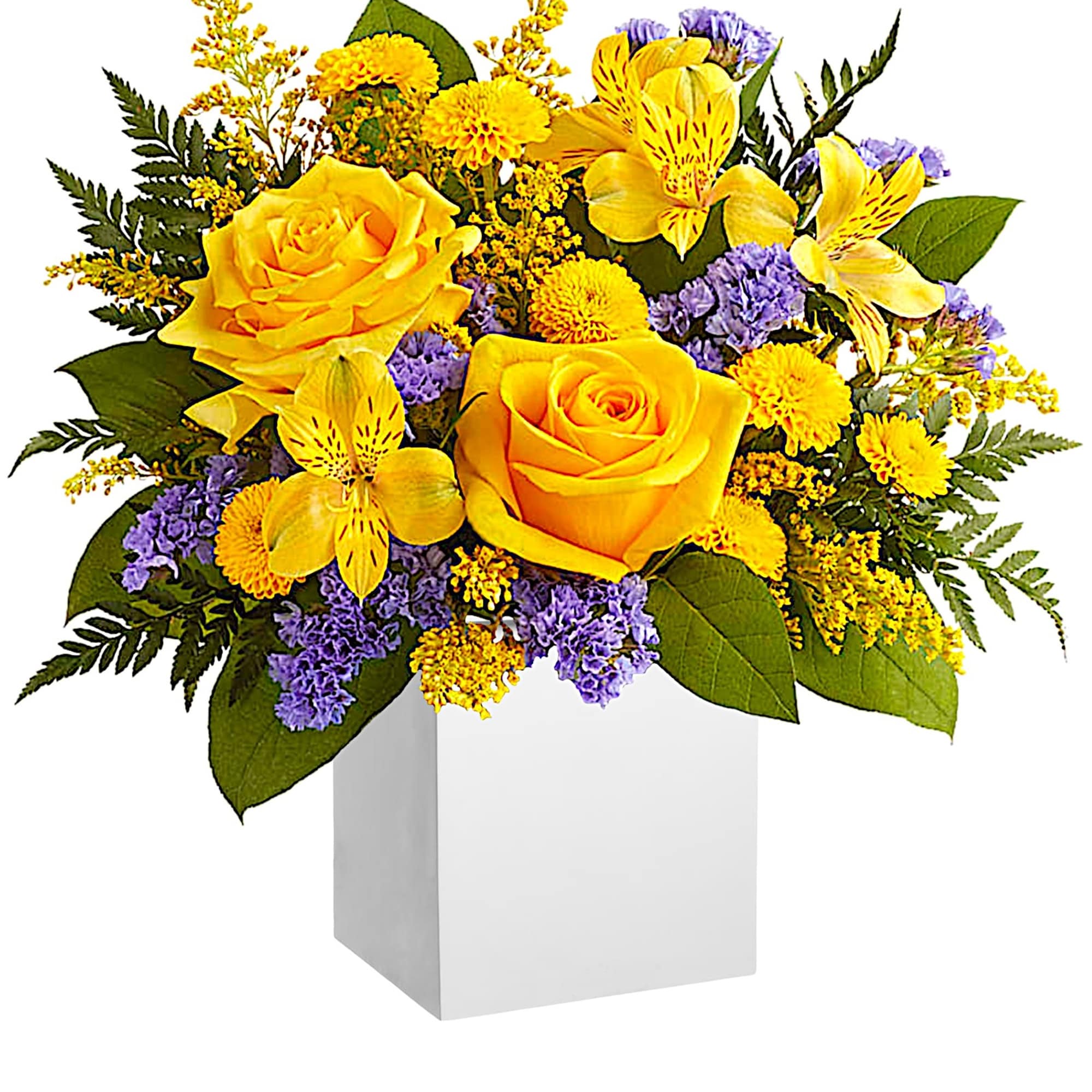 Cool and contemporary meets bright and fun! Cheerful yellow roses get a