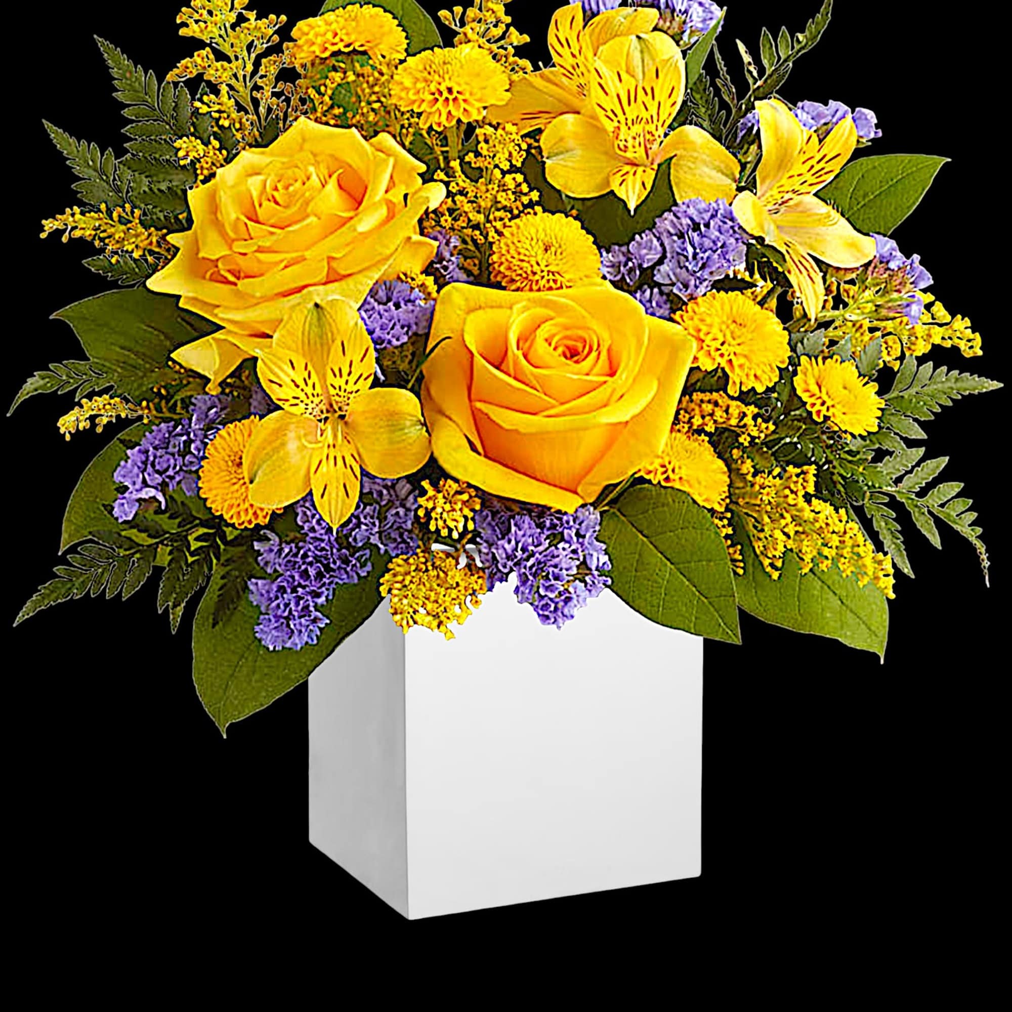 Cool and contemporary meets bright and fun! Cheerful yellow roses get a
