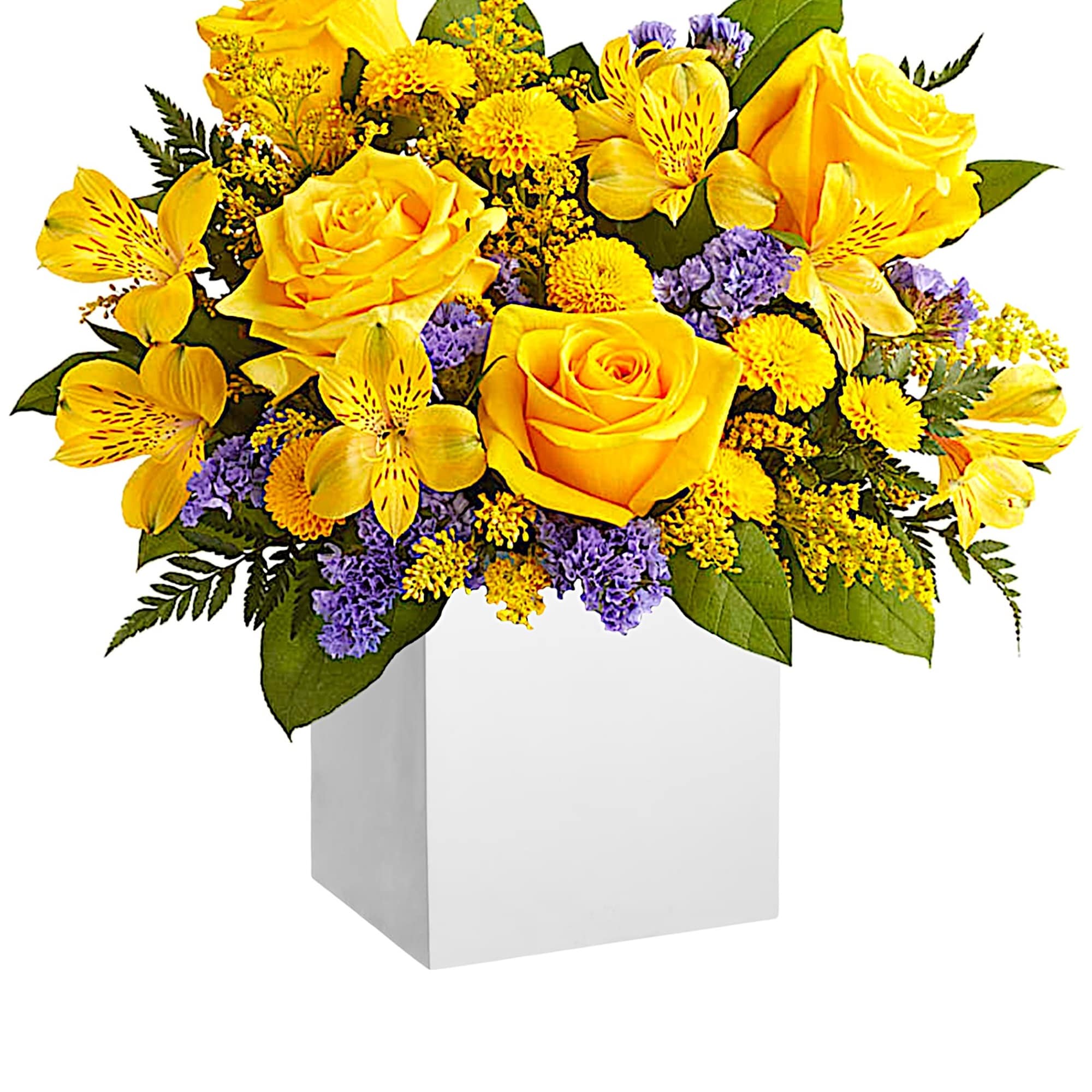 Cool and contemporary meets bright and fun! Cheerful yellow roses get a