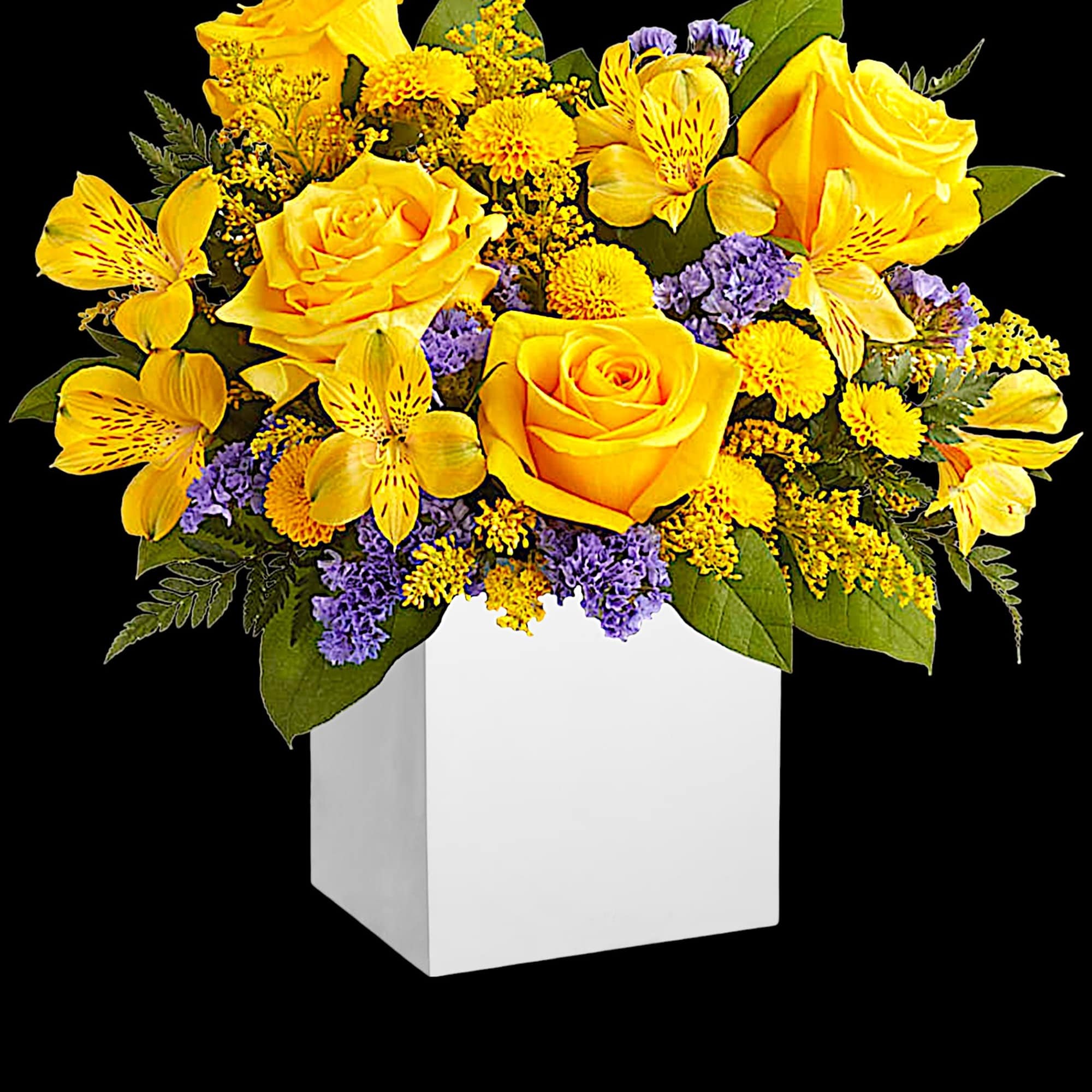 Cool and contemporary meets bright and fun! Cheerful yellow roses get a