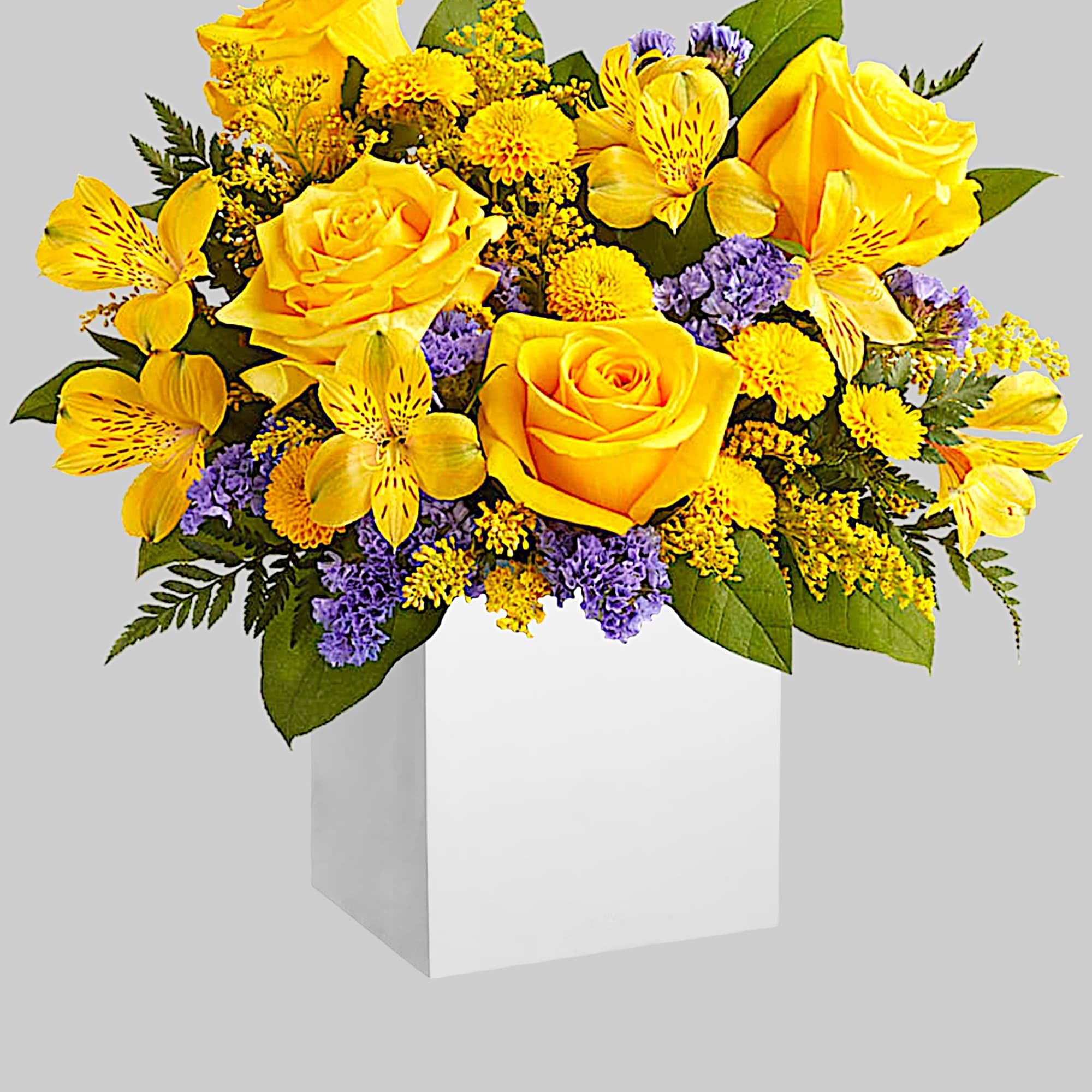 Cool and contemporary meets bright and fun! Cheerful yellow roses get a