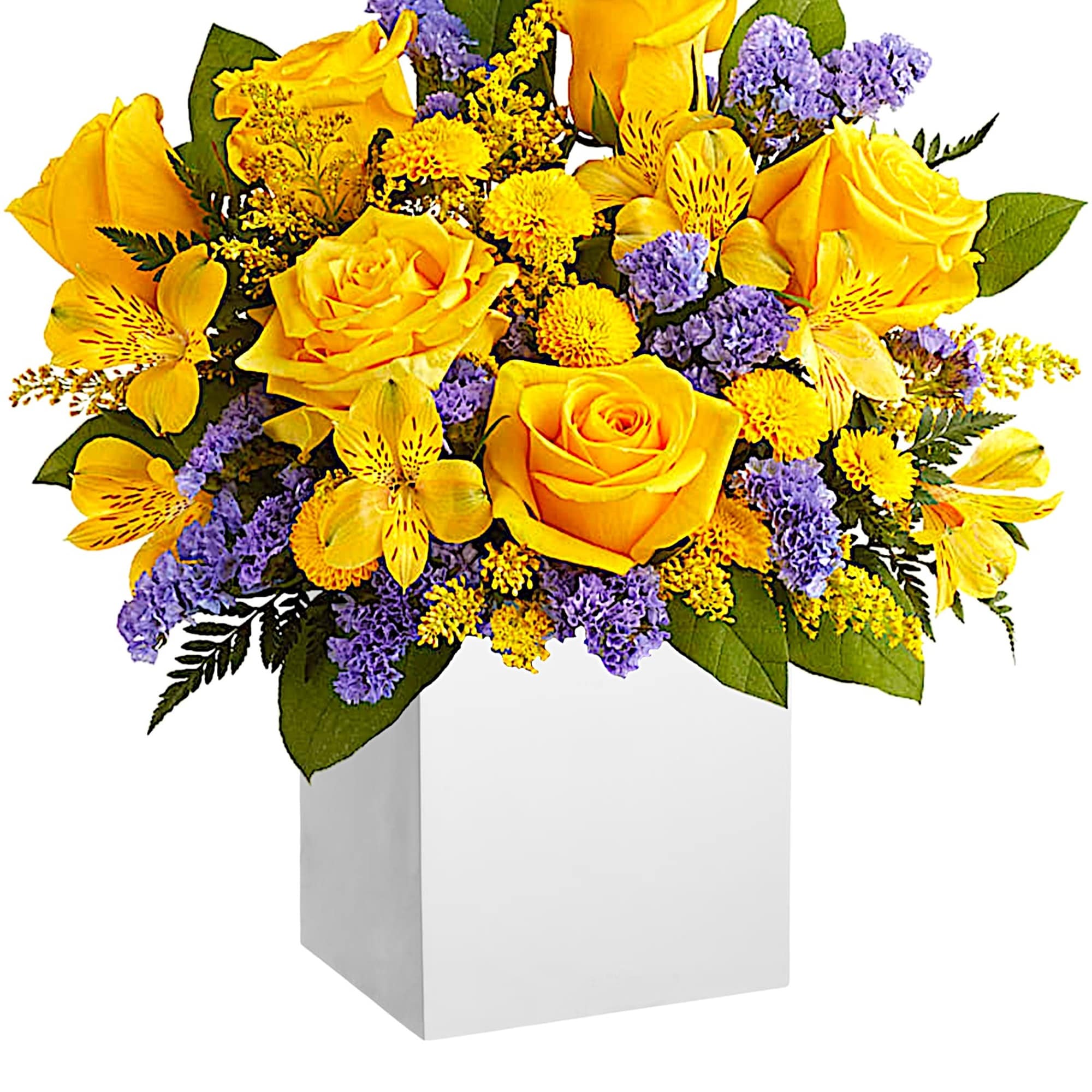 Cool and contemporary meets bright and fun! Cheerful yellow roses get a